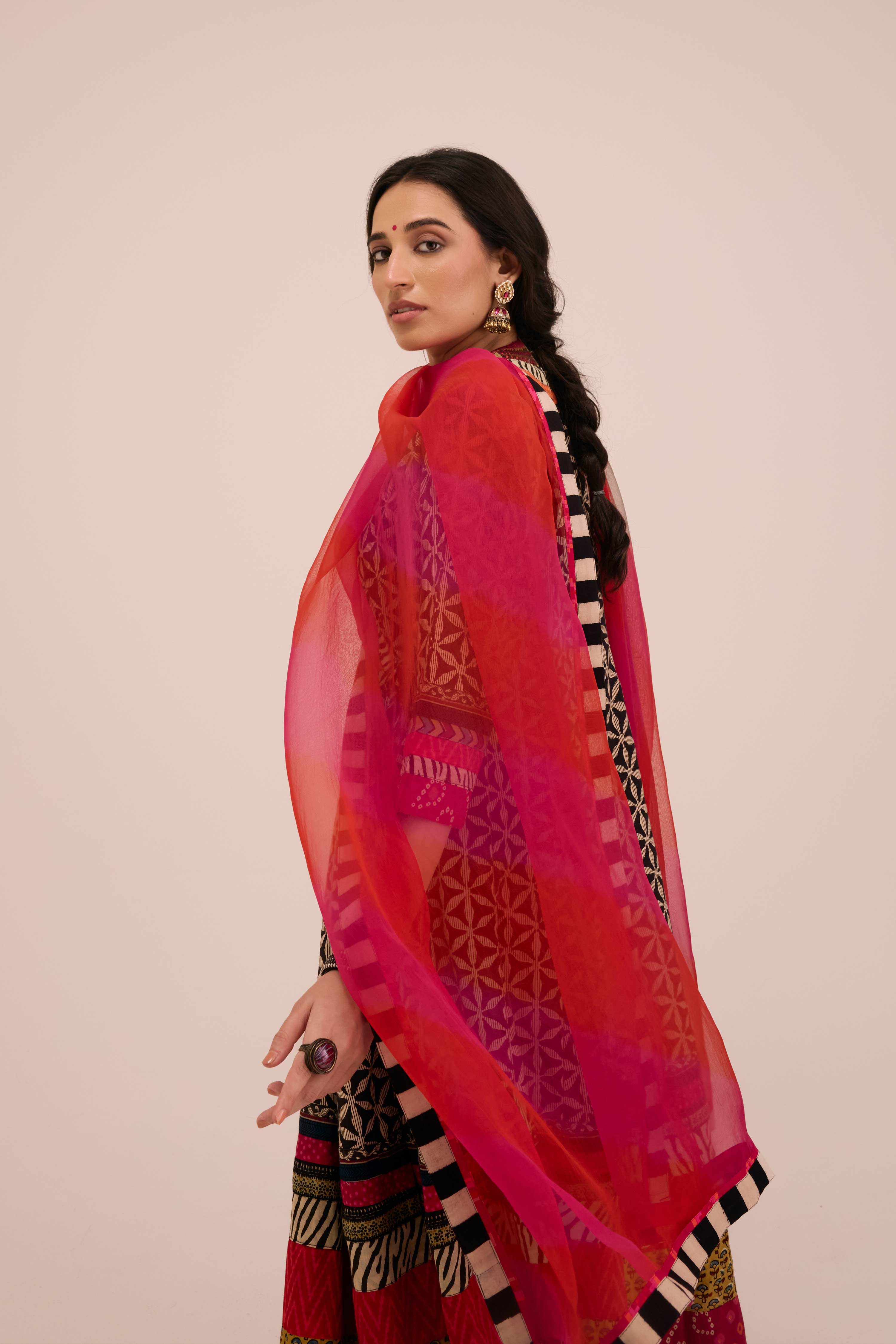 Nargis Cotton Angrakha Anarkali Ensemble Black Pink (SO3)