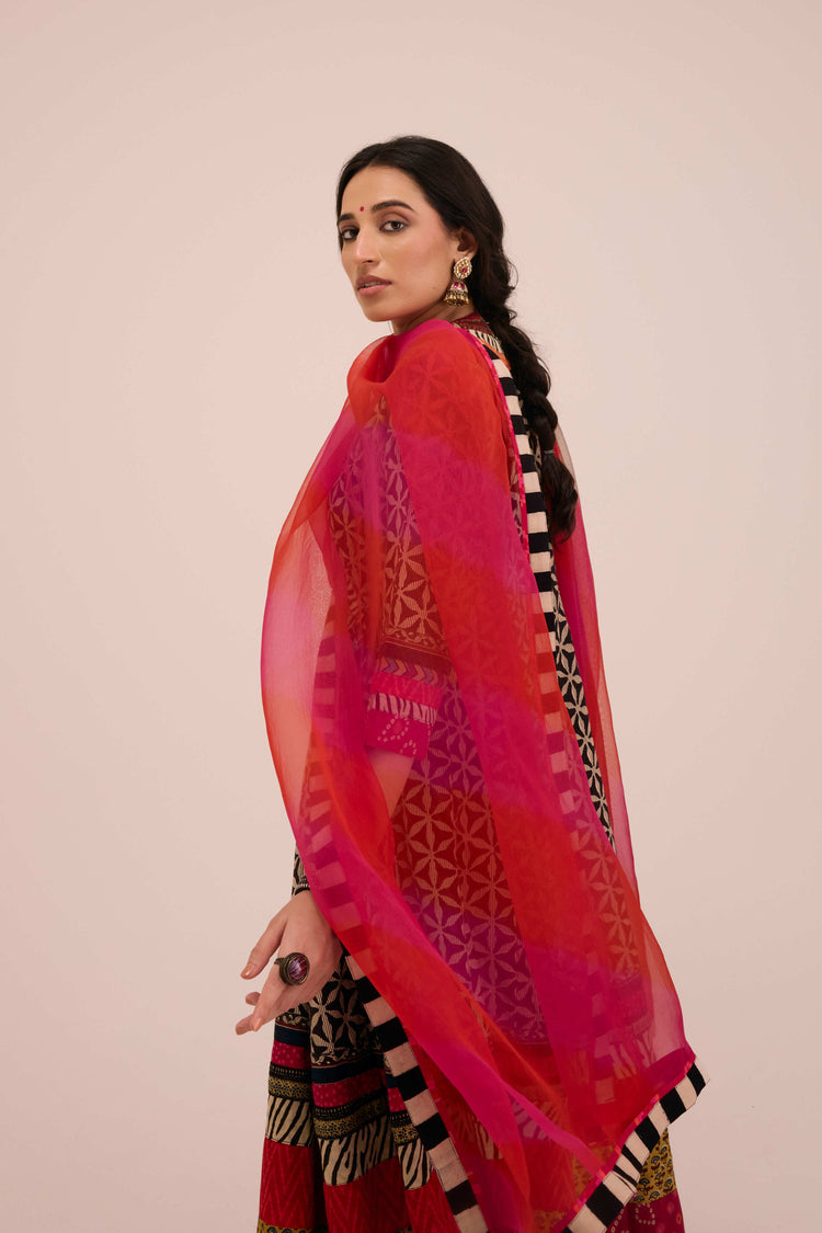 Nargis Cotton Angrakha Anarkali Ensemble Black Pink (SO3)