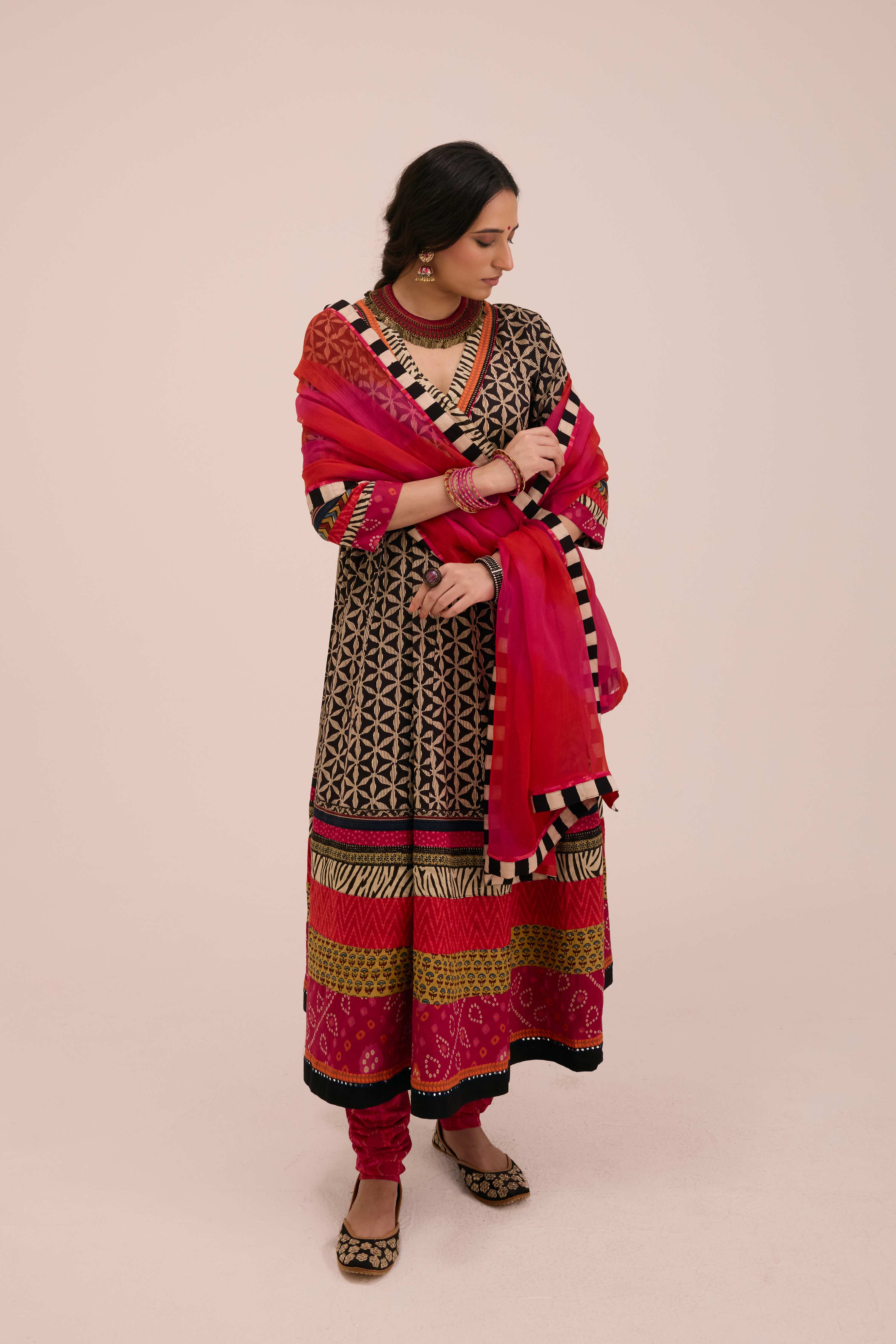 Nargis Cotton Angrakha Anarkali Ensemble Black Pink (SO3)
