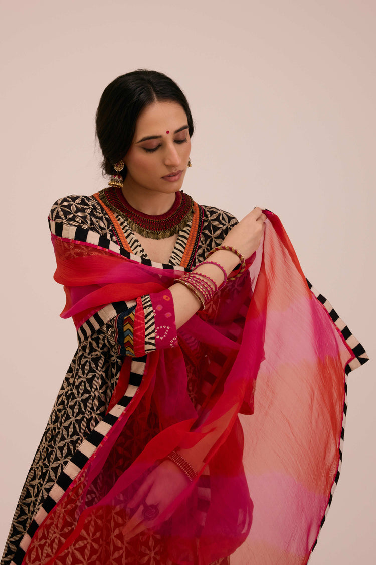 Nargis Cotton Angrakha Anarkali Ensemble Black Pink (SO3)