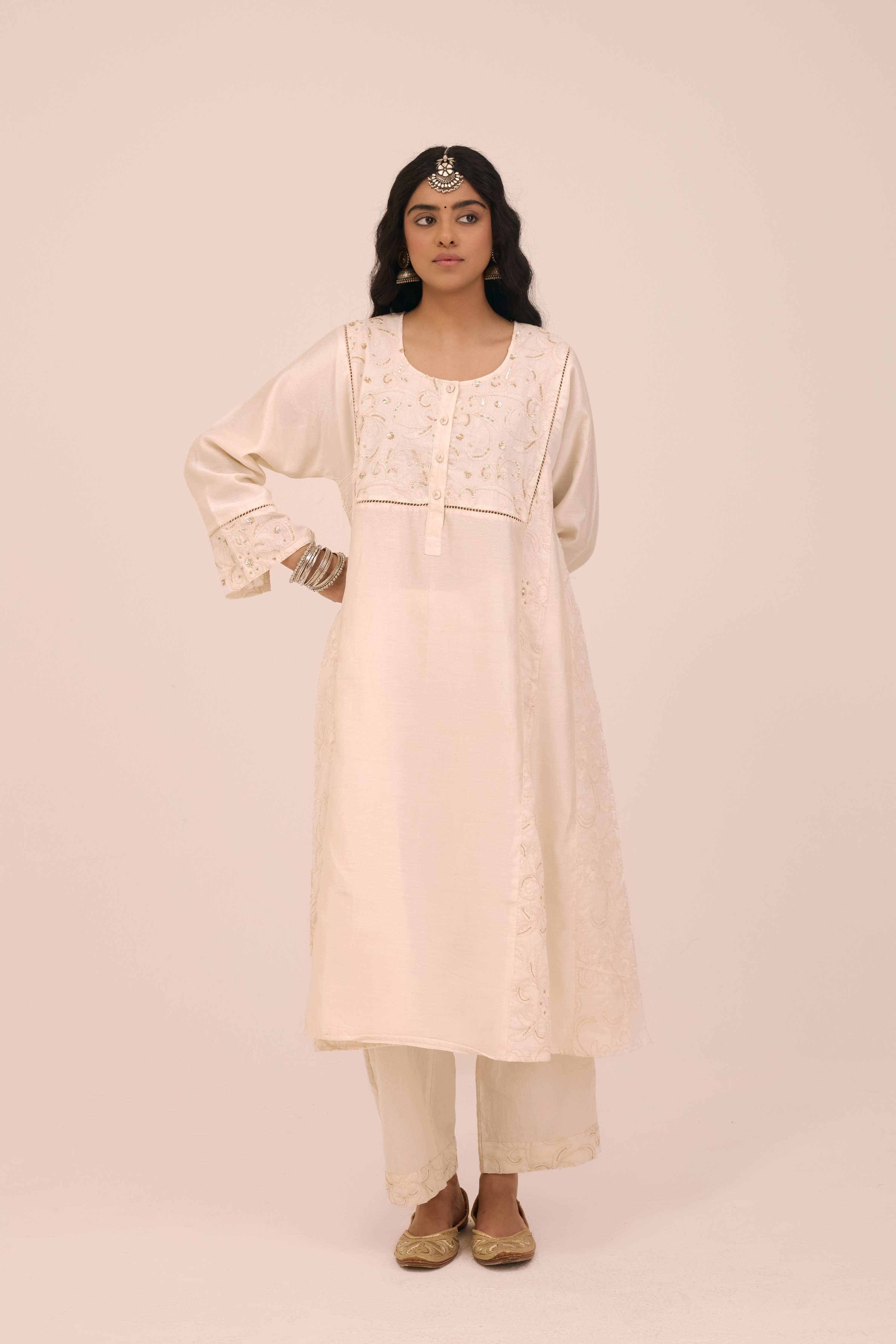 Straight Embroidered Cotton Pant Cream