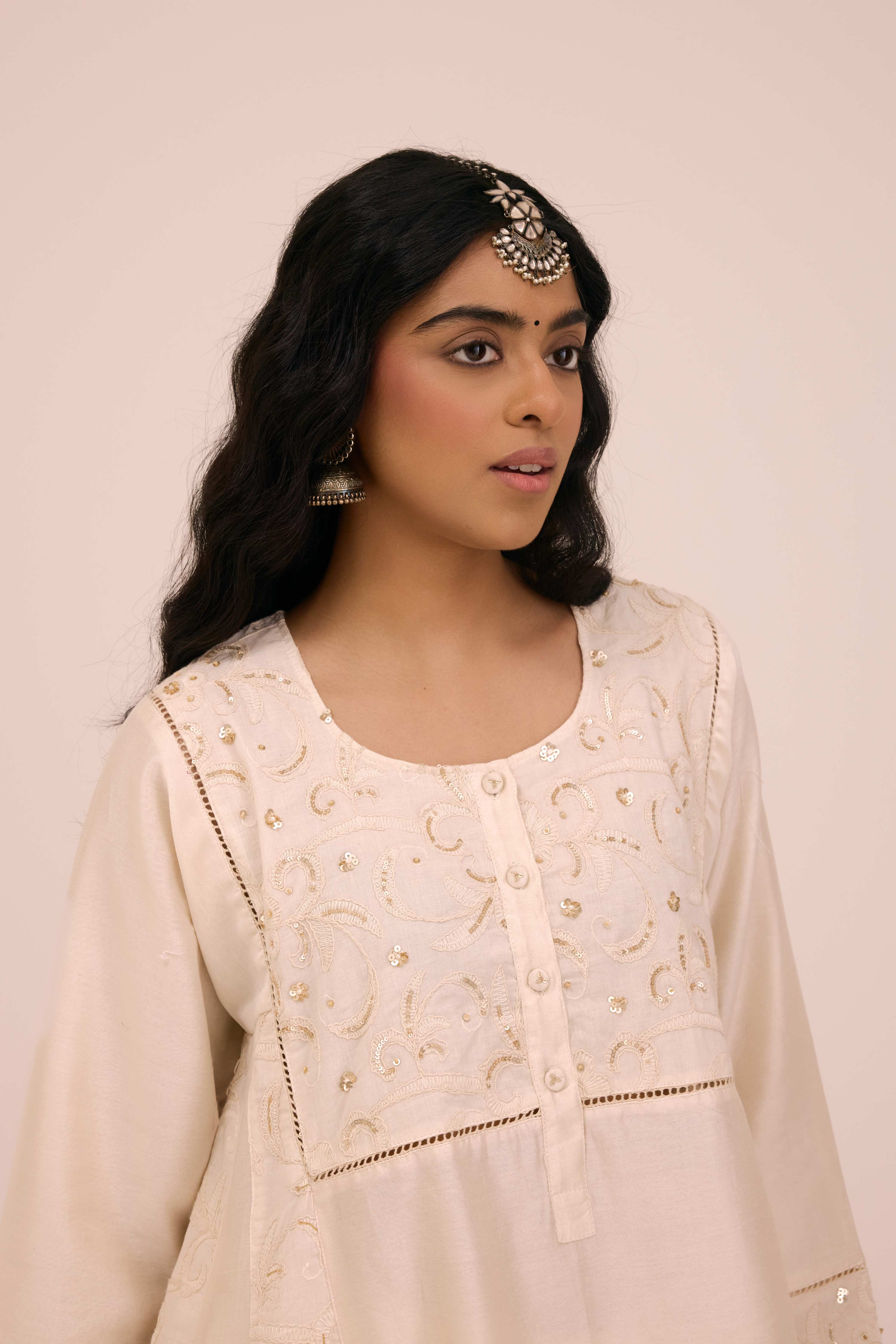 Kia Embroidered Chanderi Kurta Cream