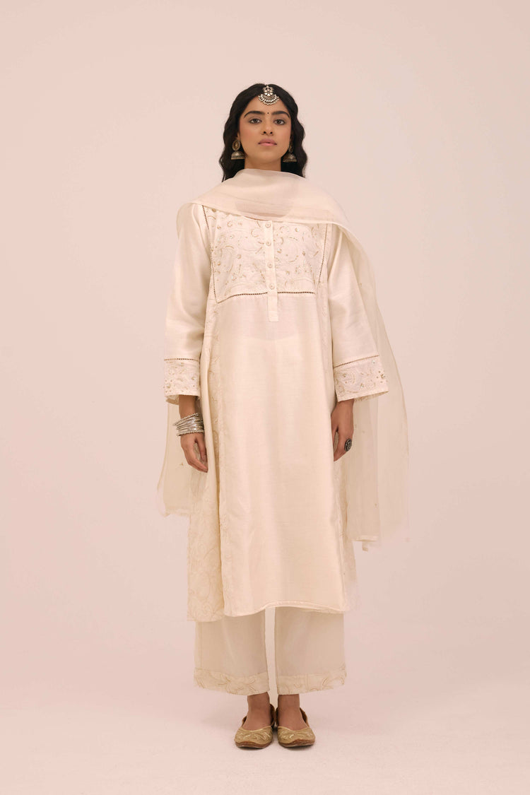 Medh Embroidered Treated Chiffon Dupatta Cream