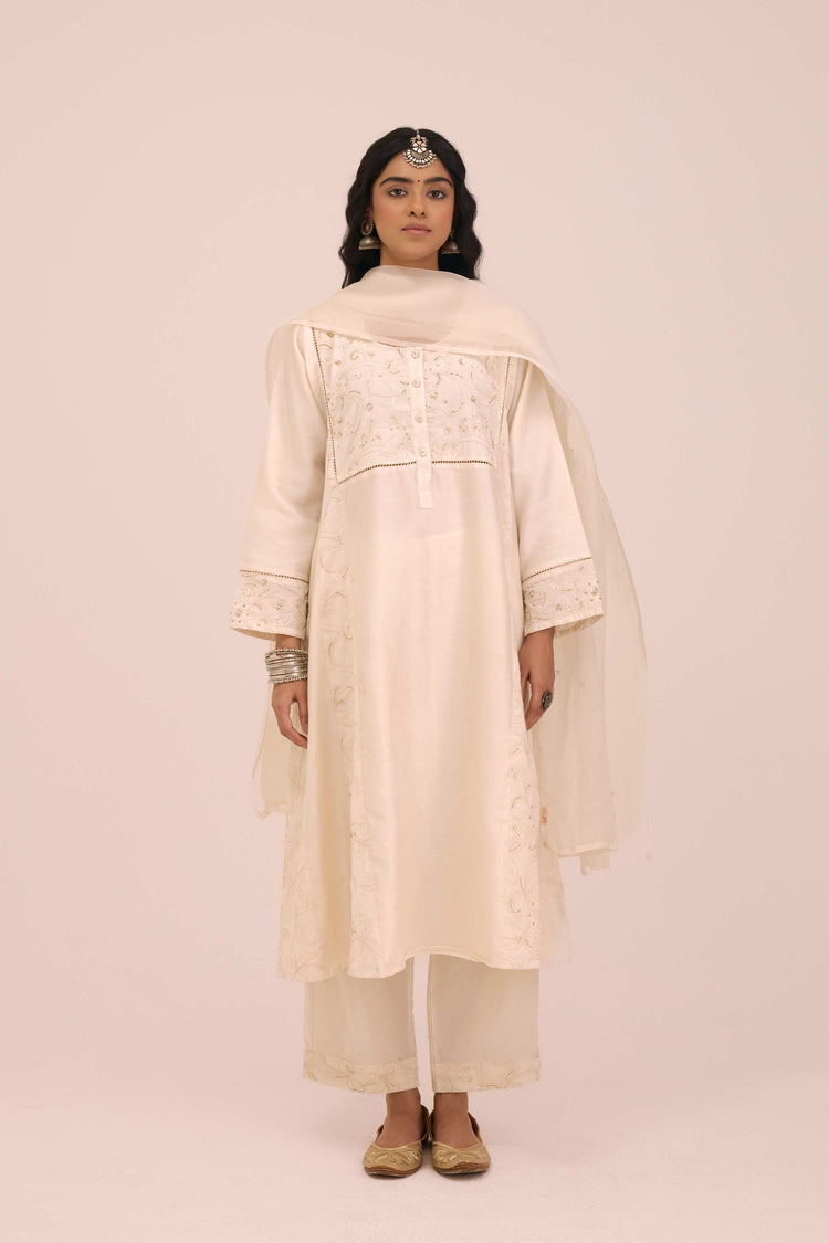 Medh Embroidered Treated Chiffon Dupatta Cream
