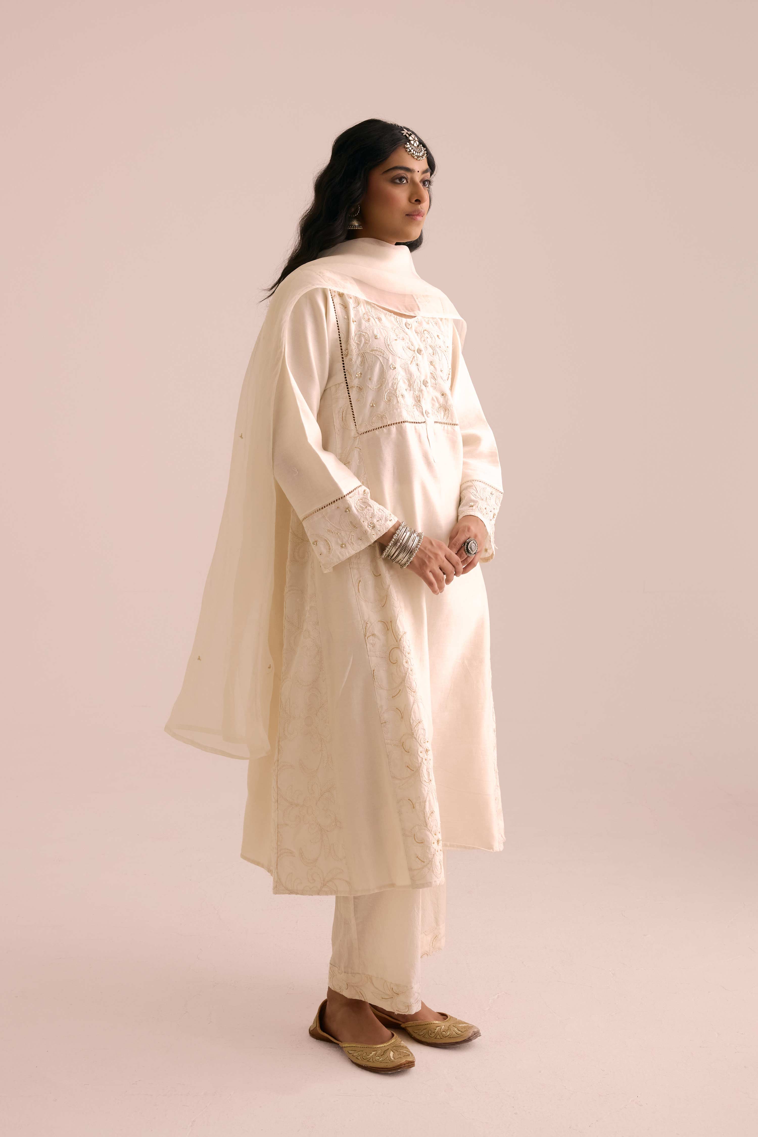 Medh Embroidered Treated Chiffon Dupatta Cream