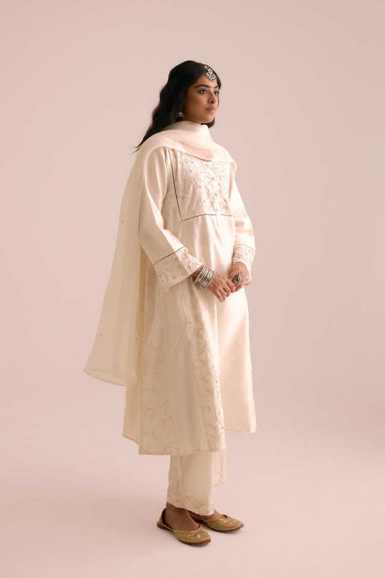 Medh Embroidered Treated Chiffon Dupatta Cream