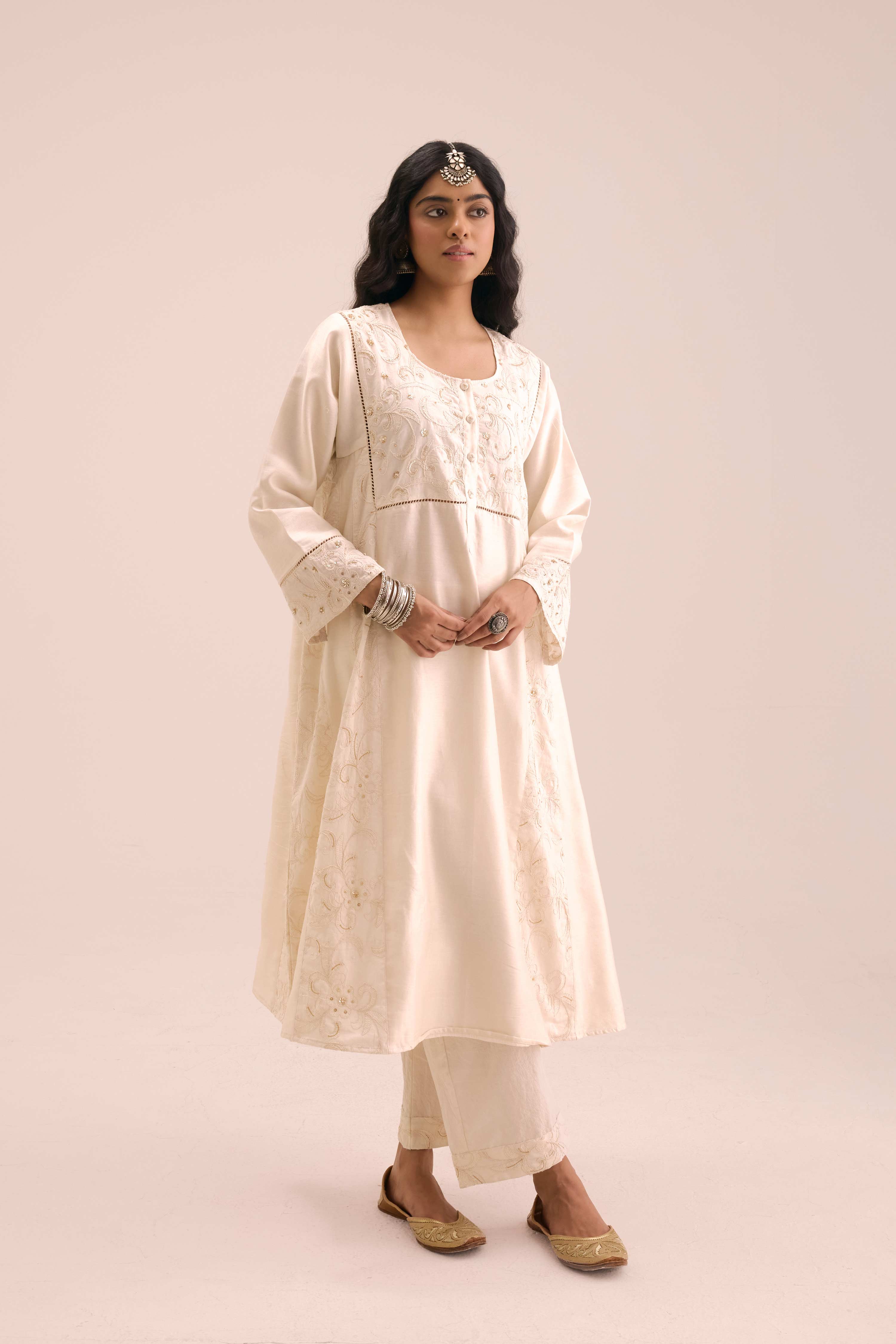Straight Embroidered Cotton Pant Cream