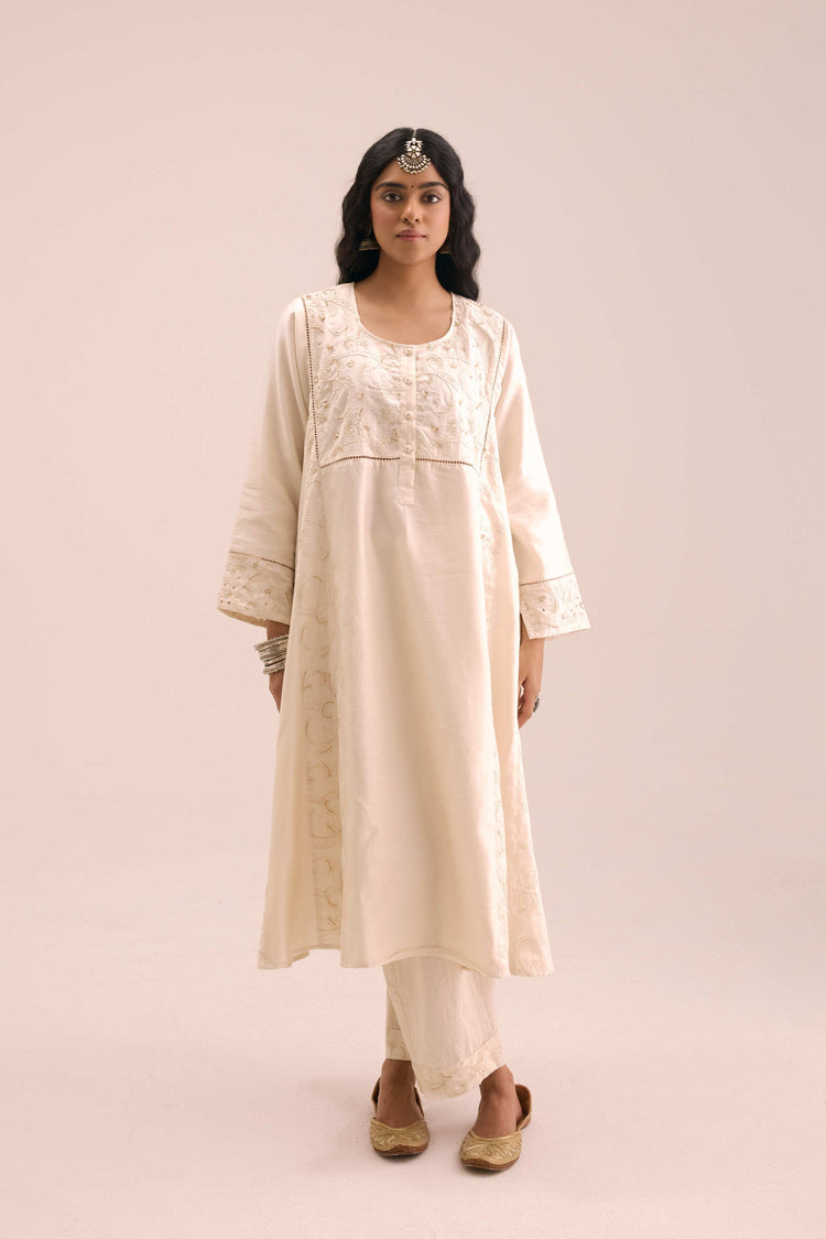 Straight Embroidered Cotton Pant Cream