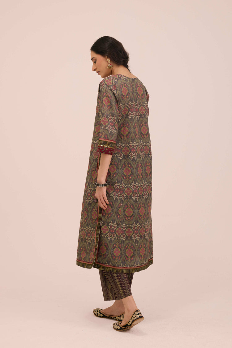 Rozana Linen Printed Kurta Ensemble Green Pink (Set of 3)
