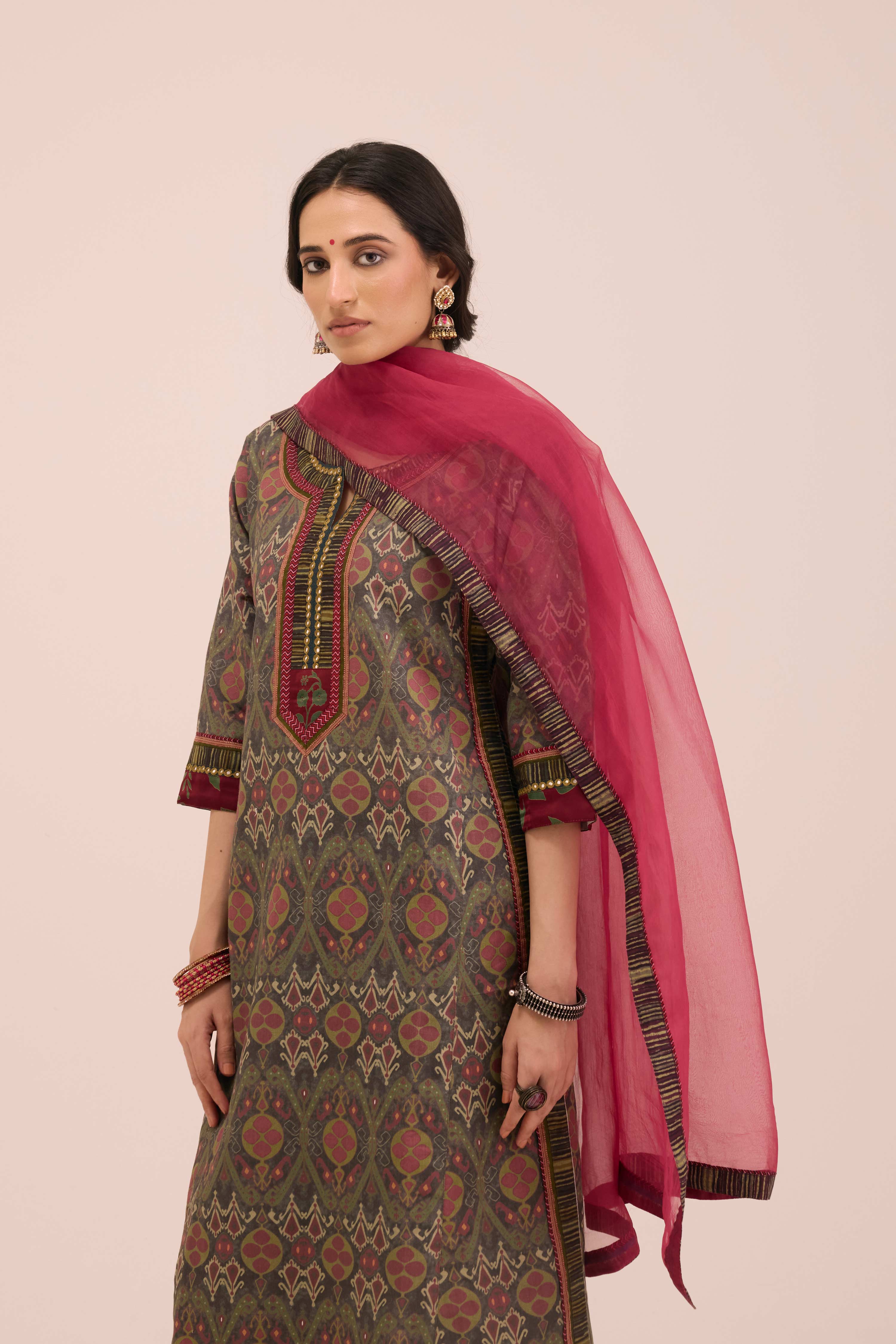 Rozana Linen Printed Kurta Ensemble Green Pink (Set of 3)