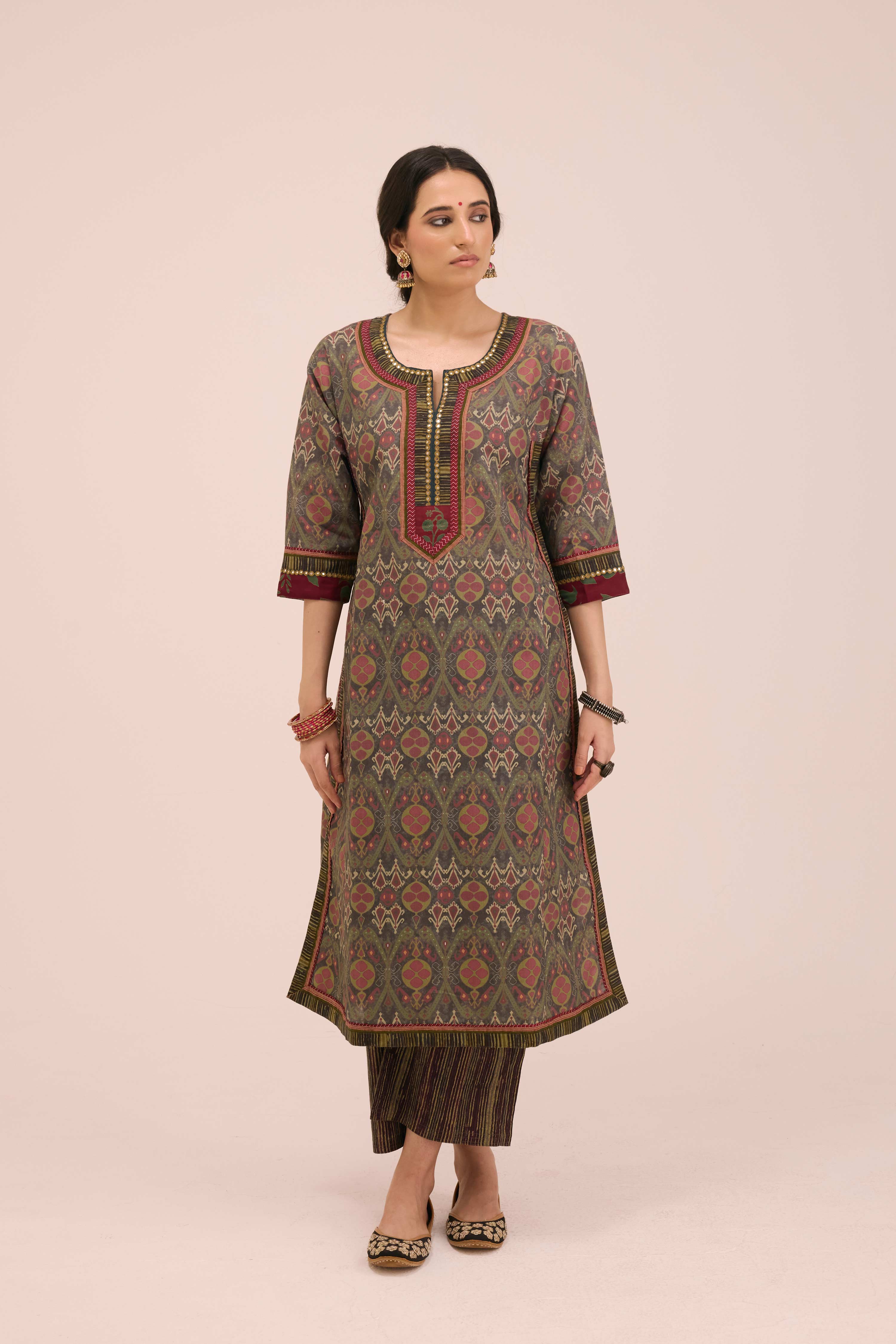 Rozana Linen Printed Kurta Ensemble Green Pink (Set of 3)