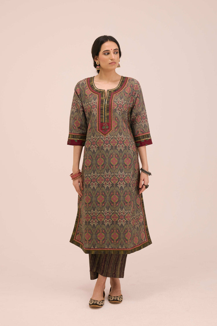 Rozana Linen Printed Kurta Ensemble Green Pink (Set of 3)