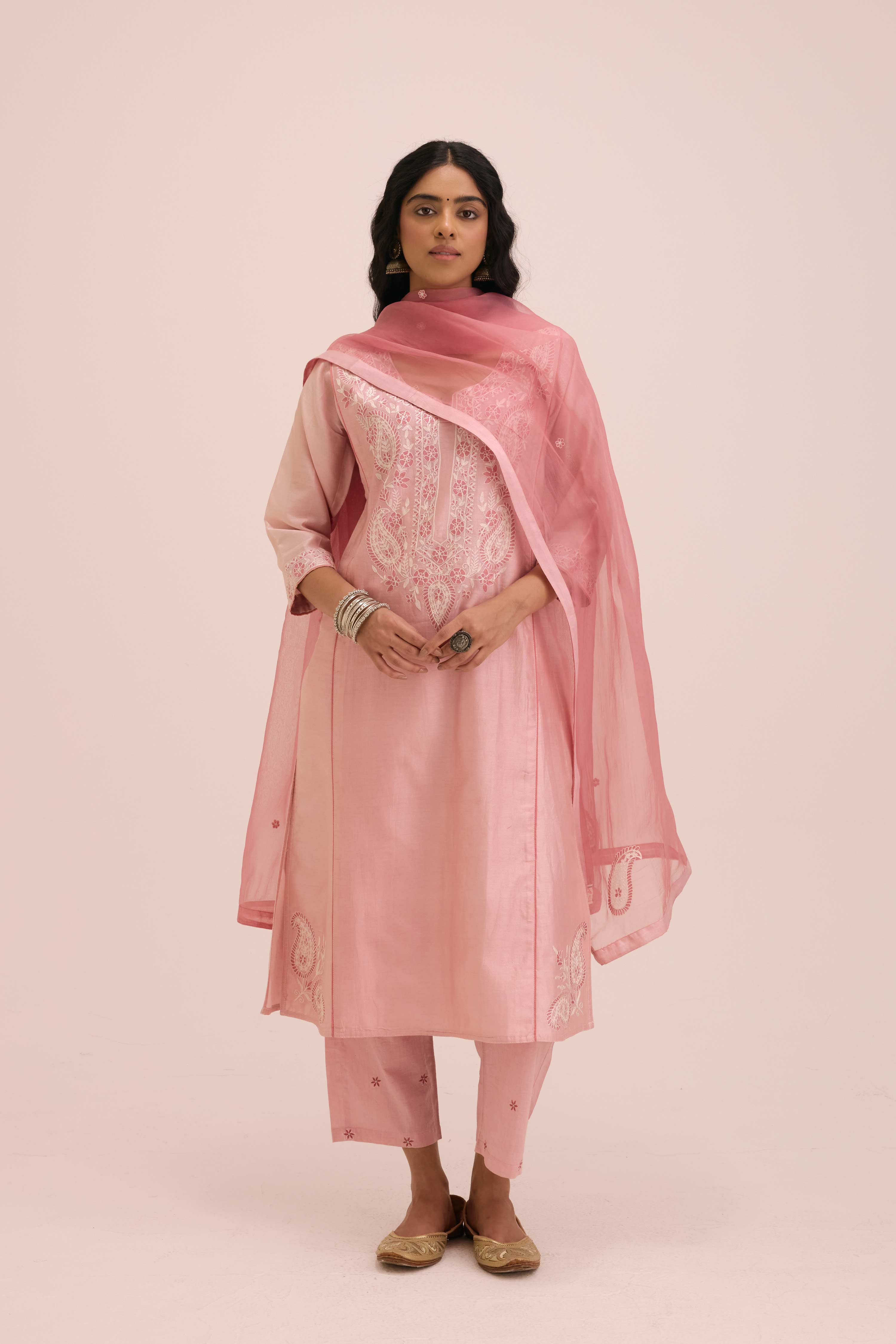 Dienne Embroidered Chanderi Ensemble Blush Pink (Set of 3)