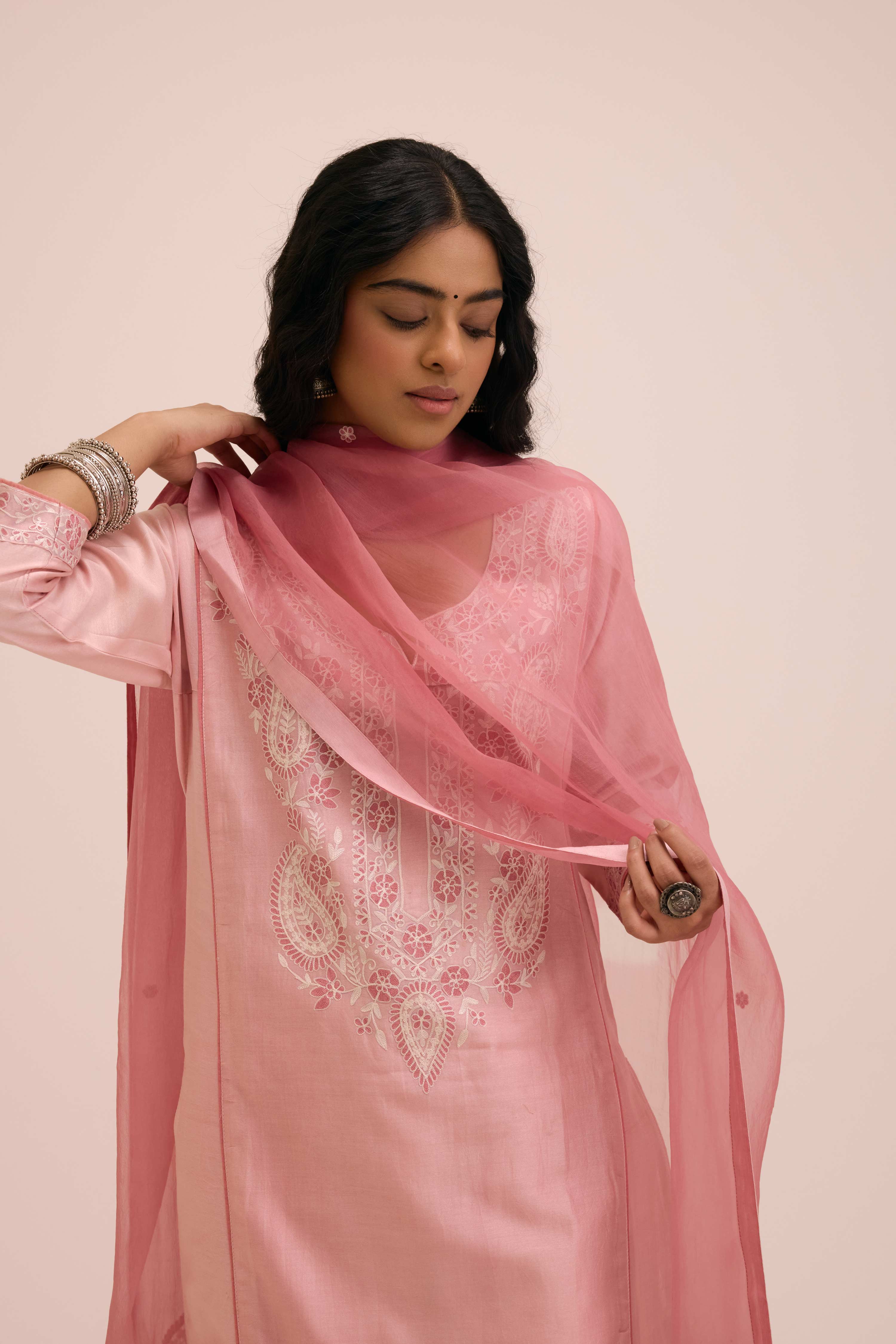 Dienne Embroidered Chanderi Ensemble Blush Pink (Set of 3)