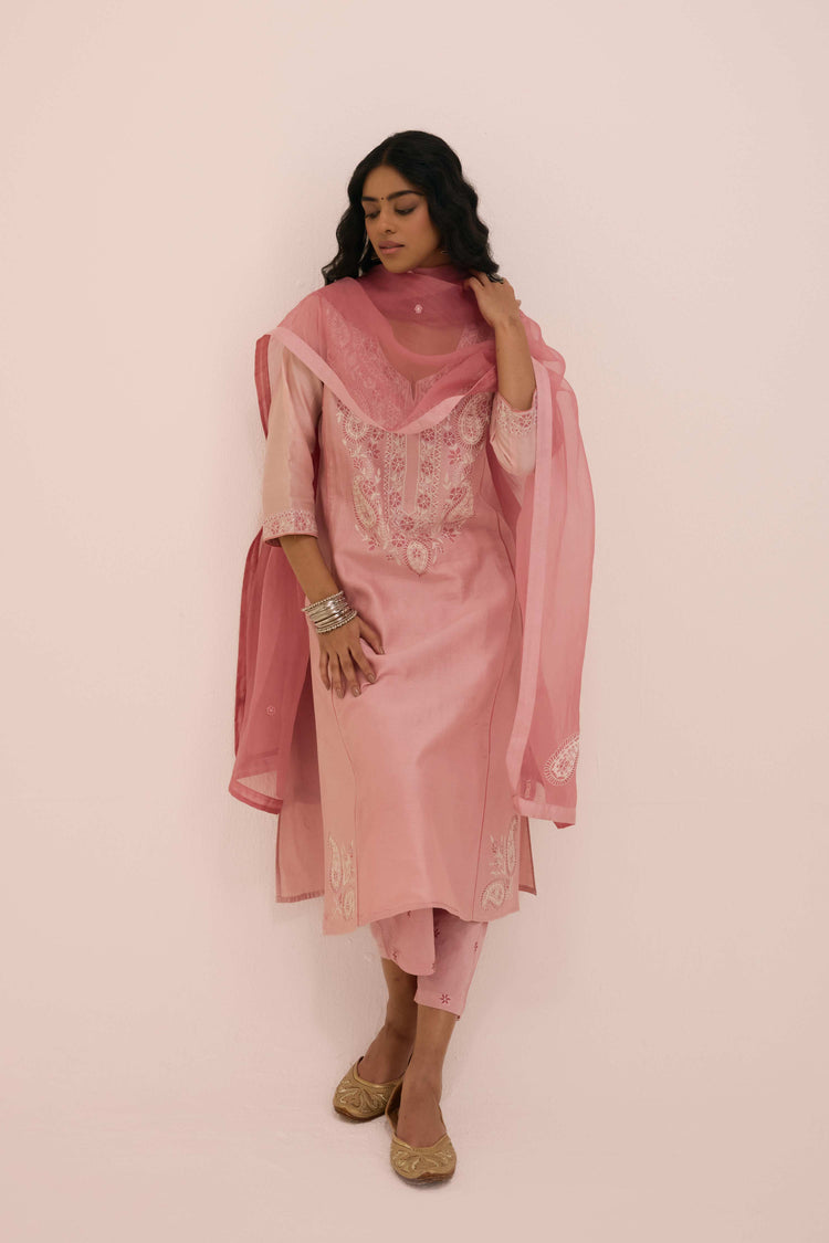 Dienne Embroidered Chanderi Ensemble Blush Pink (Set of 3)