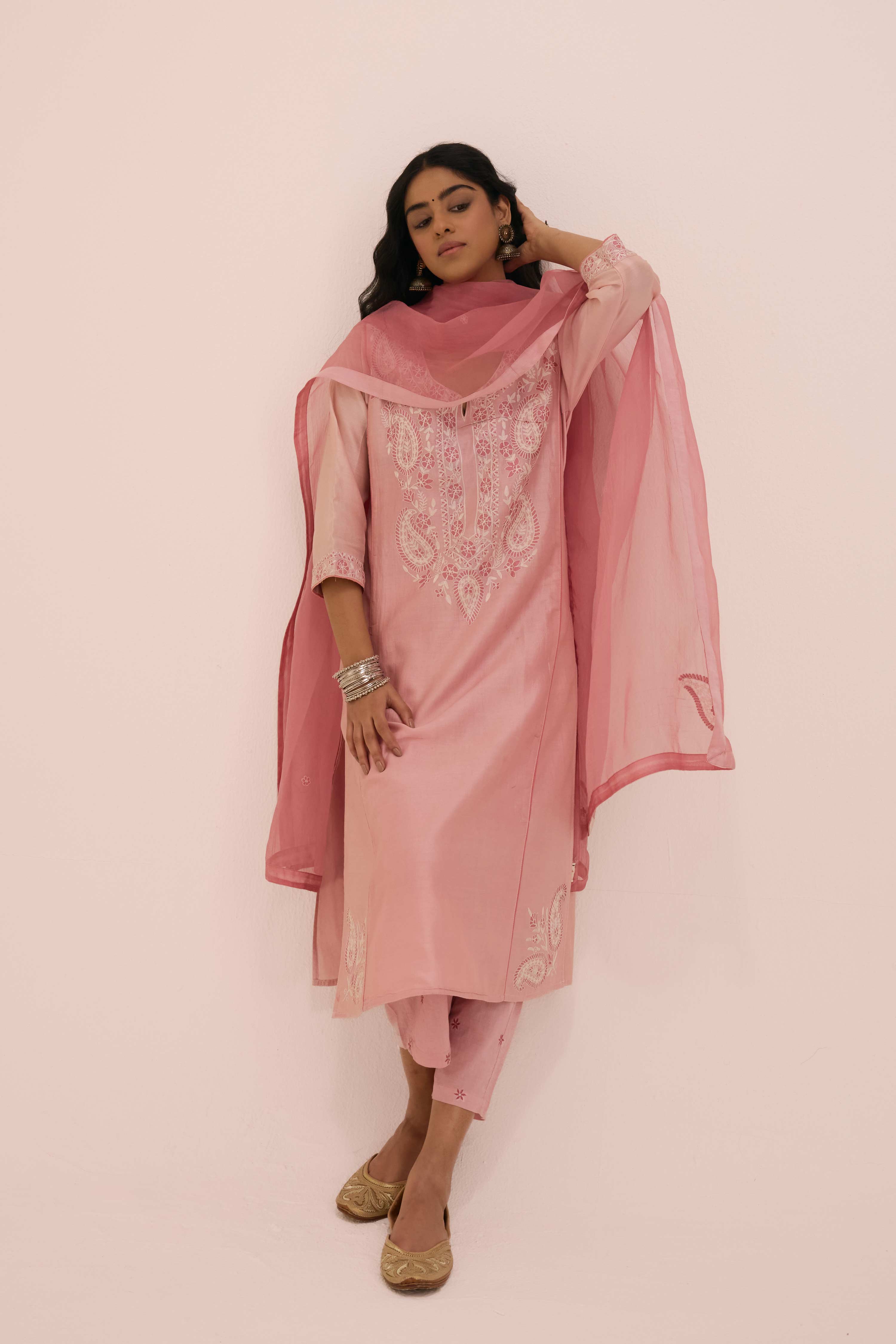 Dienne Embroidered Chanderi Ensemble Blush Pink (Set of 3)