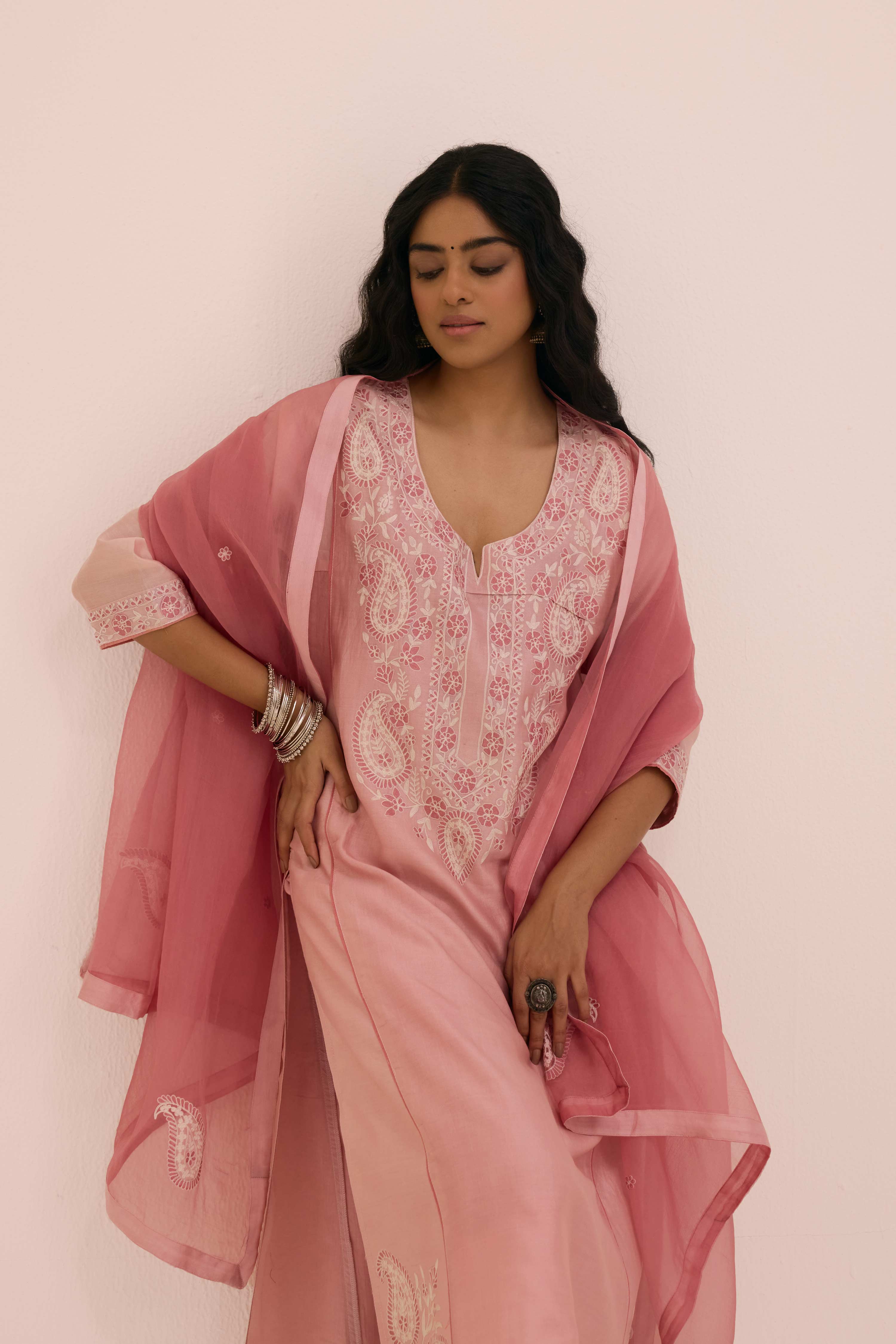 Dienne Embroidered Chanderi Ensemble Blush Pink (Set of 3)