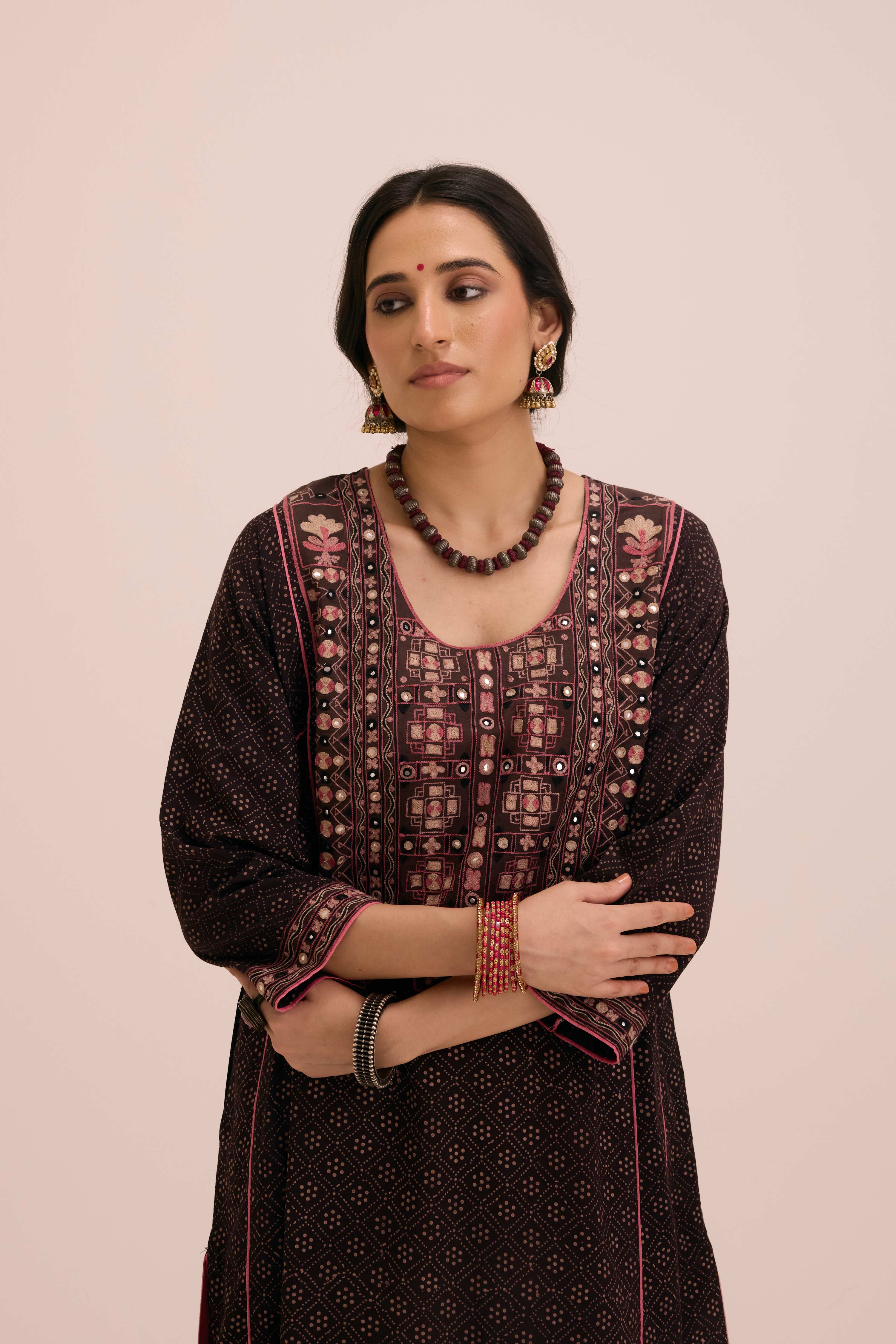 Tulsi Embroidered Cotton Hand Block Printed Kurta Black
