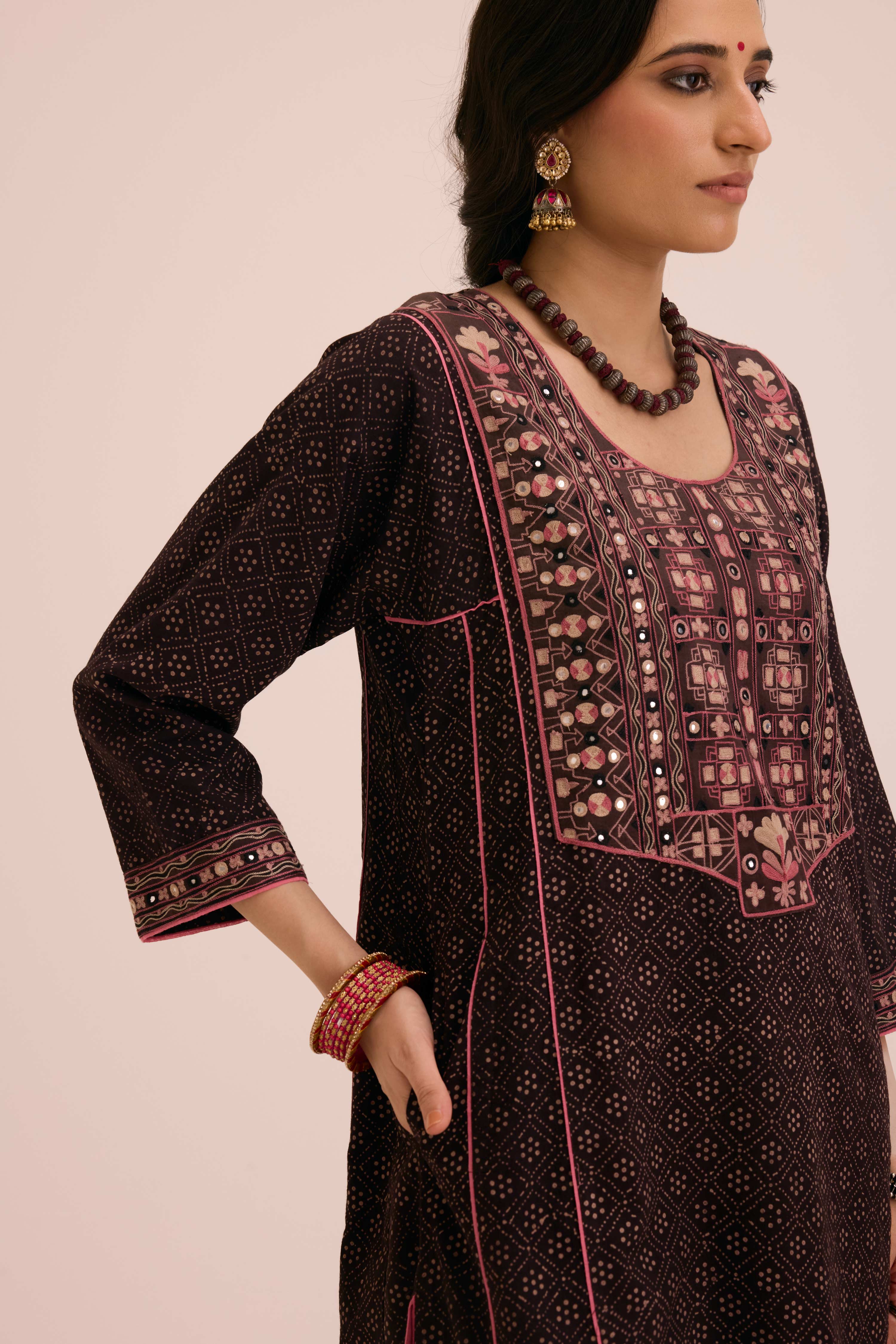 Tulsi Embroidered Cotton Hand Block Printed Kurta Black
