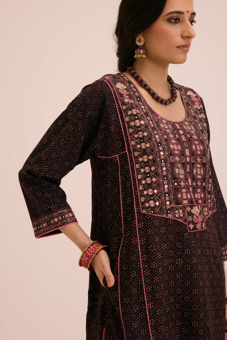 Tulsi Embroidered Cotton Hand Block Printed Kurta Black
