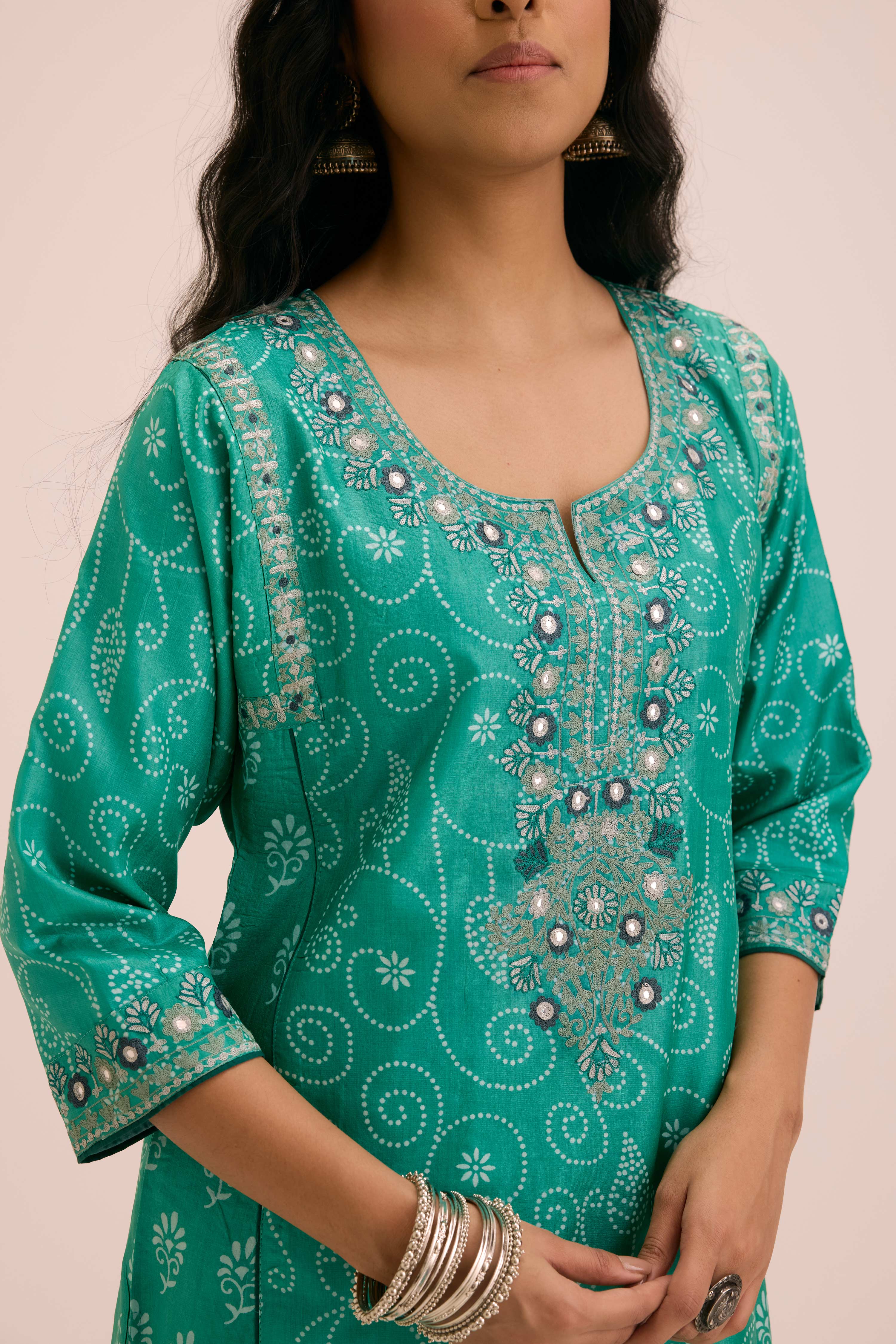 Dienne Embroidered Tussar Silk Ensemble Sea Green (Set of 3)