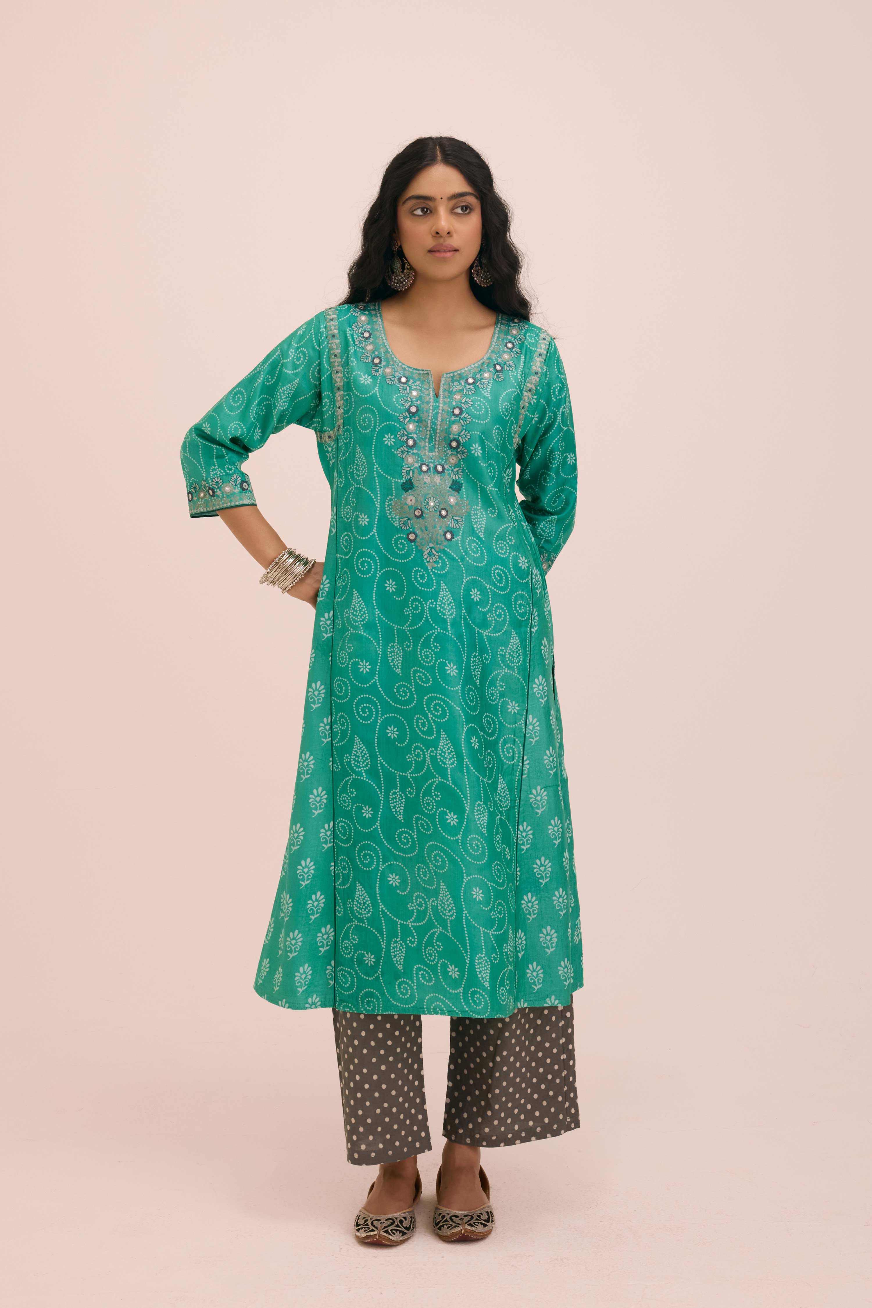 Dienne Embroidered Tussar Silk Ensemble Sea Green (Set of 3)