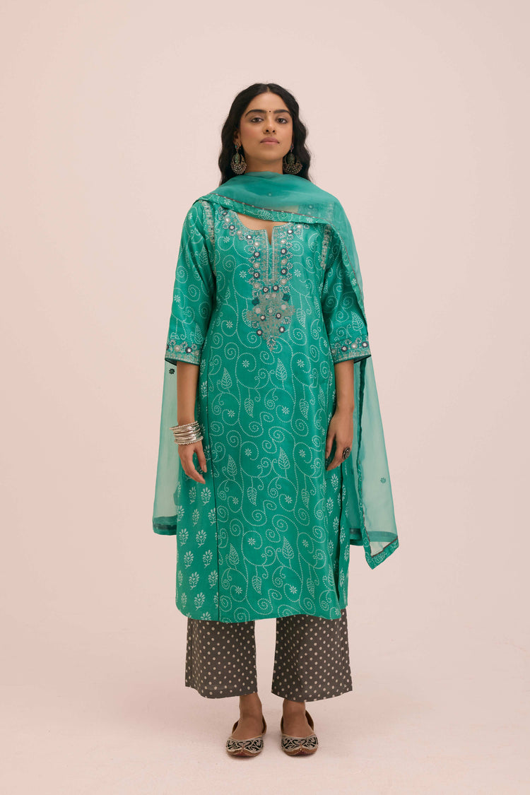 Dienne Embroidered Tussar Silk Ensemble Sea Green (Set of 3)