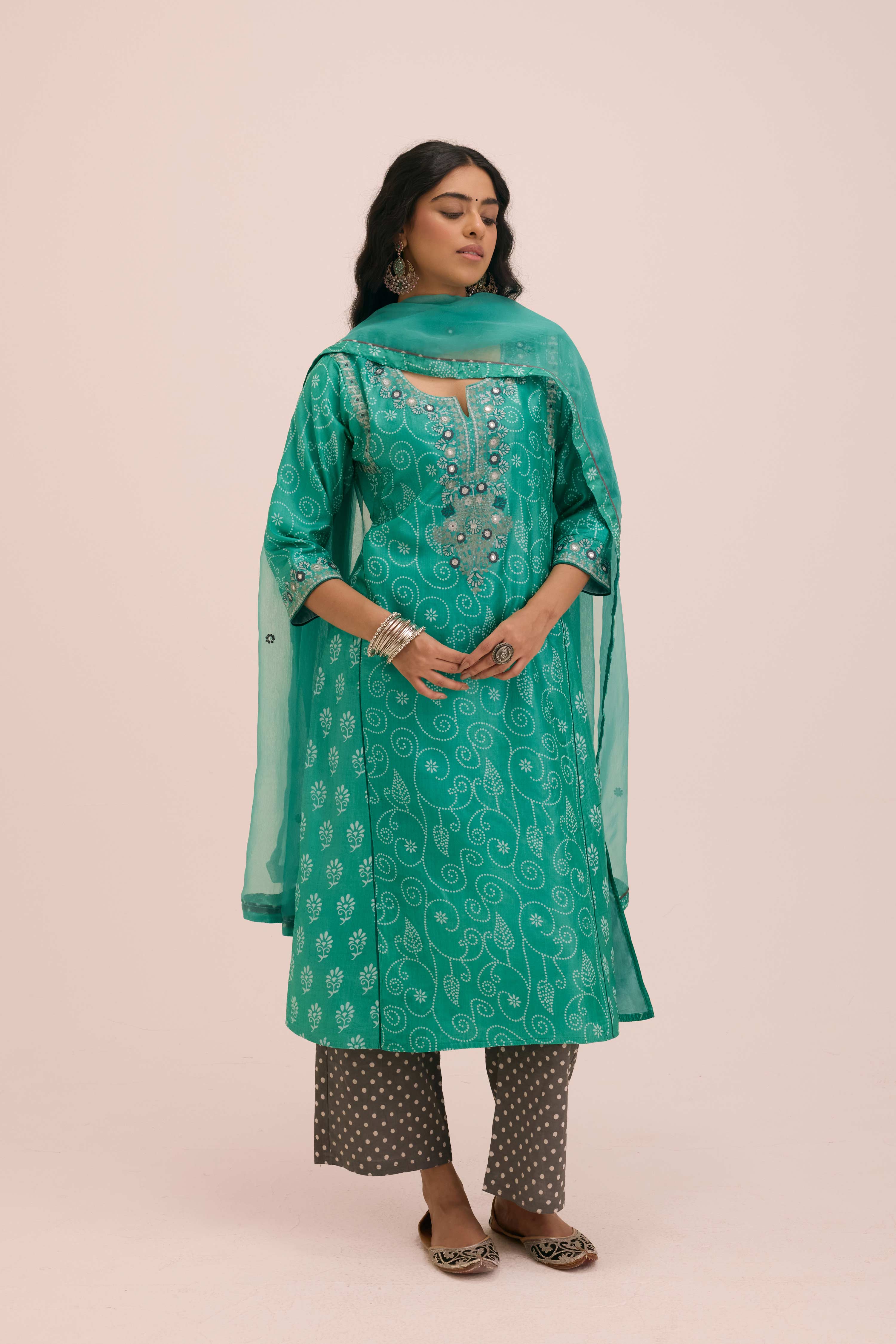 Dienne Embroidered Tussar Silk Ensemble Sea Green (Set of 3)