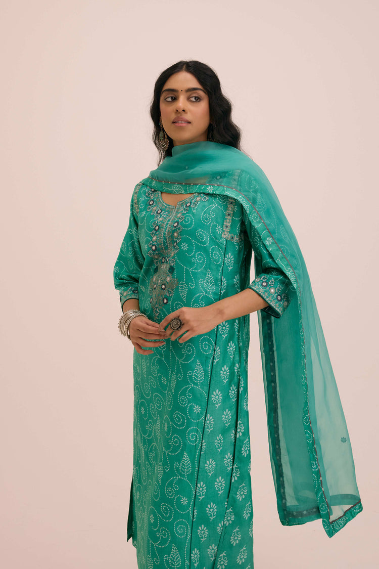 Dienne Embroidered Tussar Silk Ensemble Sea Green (Set of 3)