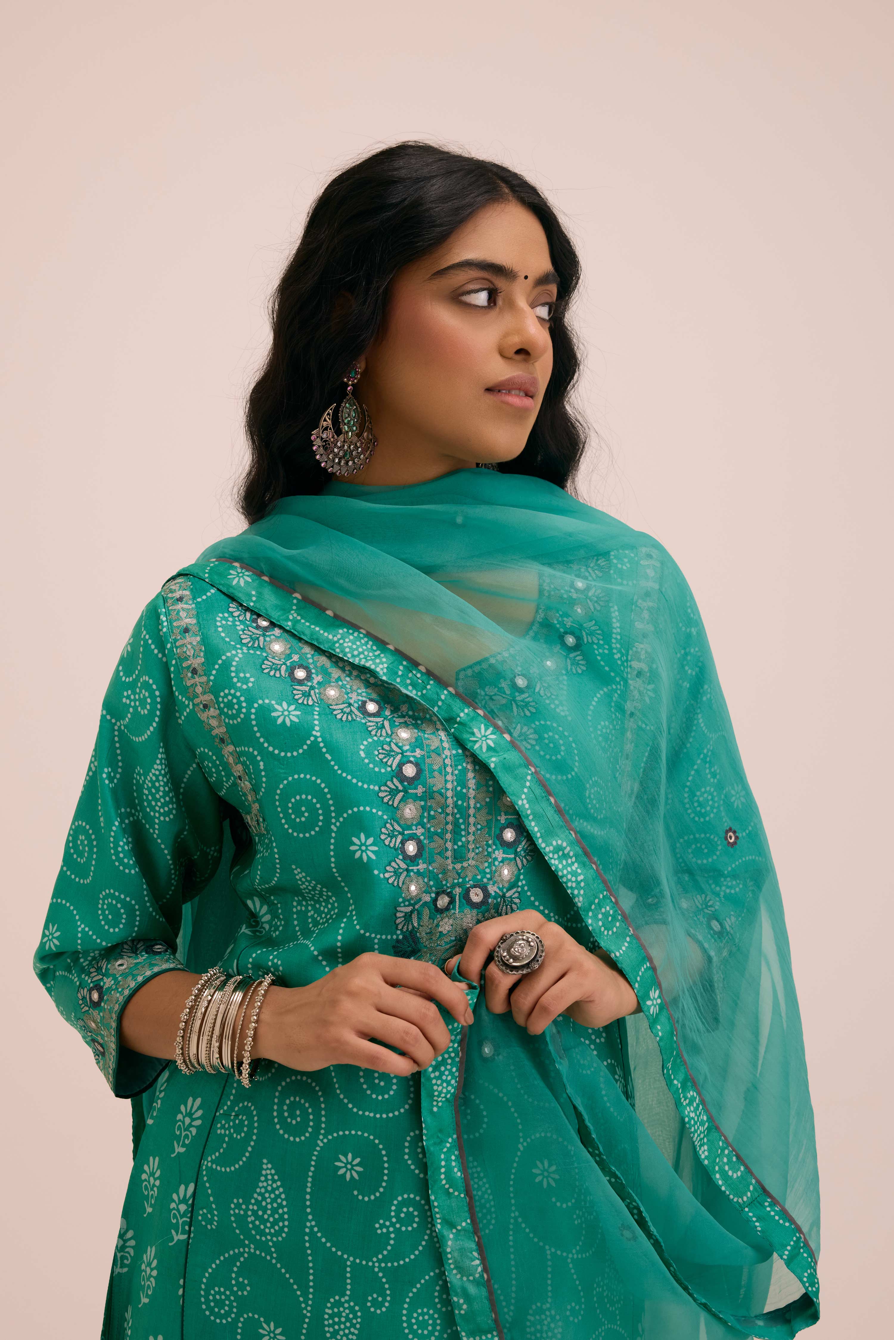 Dienne Embroidered Tussar Silk Ensemble Sea Green (Set of 3)