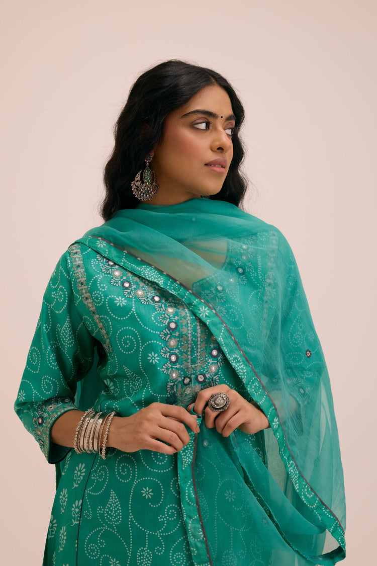 Dienne Embroidered Tussar Silk Ensemble Sea Green (Set of 3)