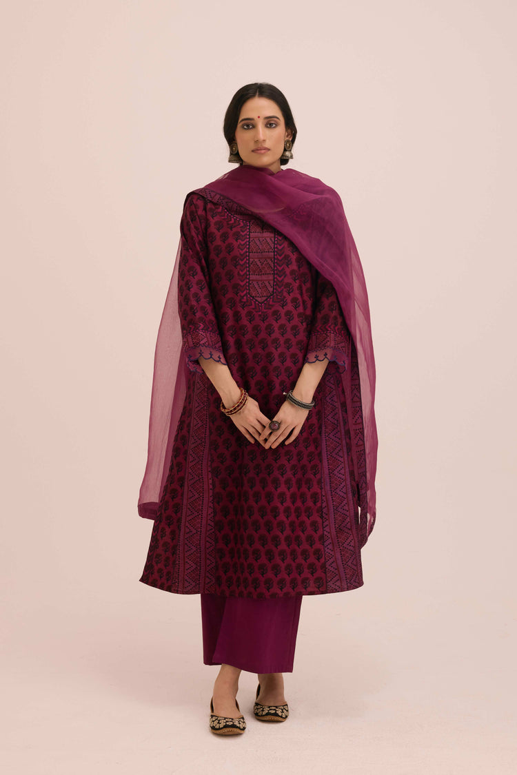 Adya Chanderi Vanaspati Hand Block Printed Kurta Booti Purple