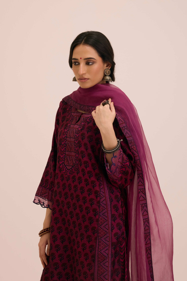 Adya Chanderi Vanaspati Hand Block Printed Kurta Booti Purple