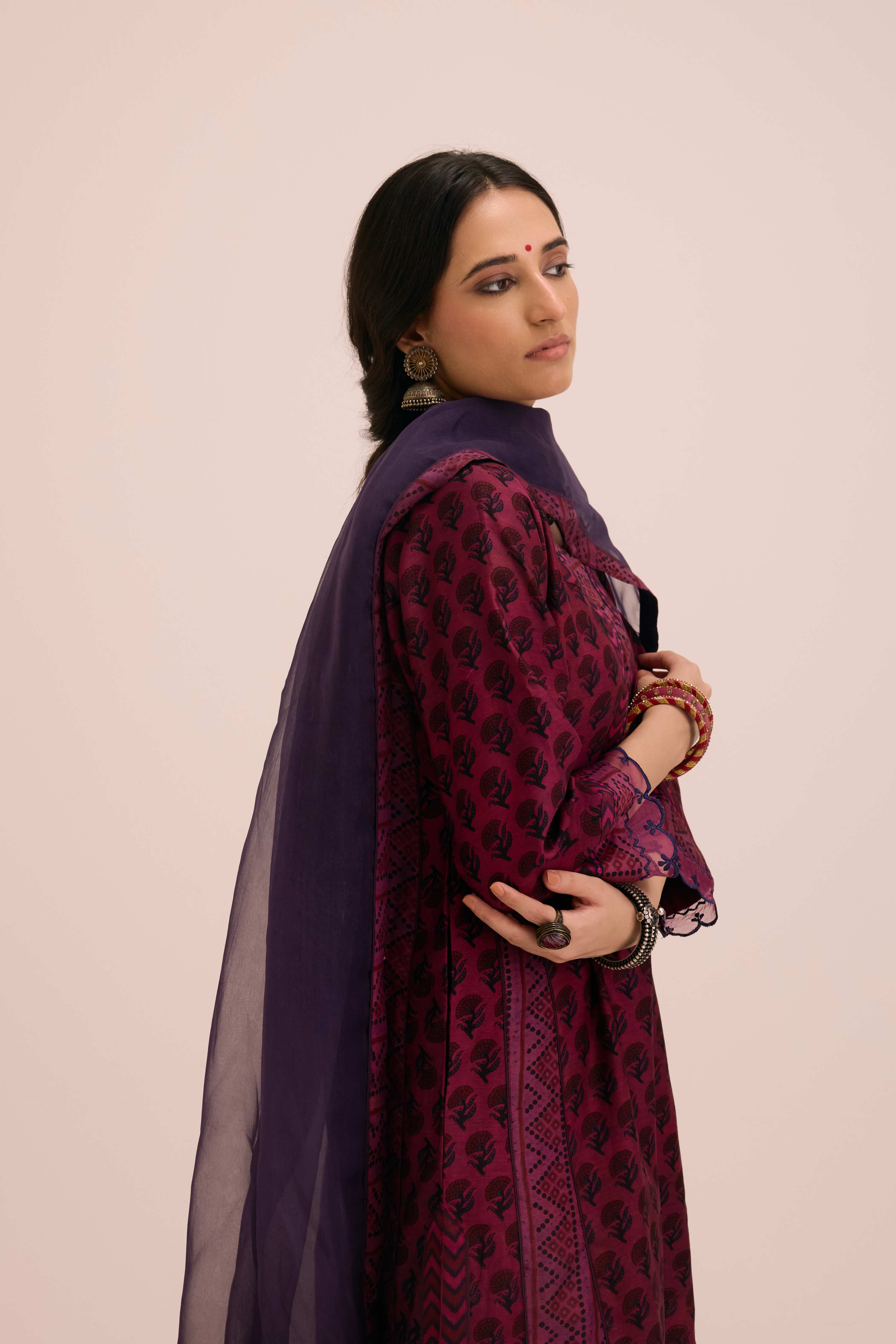Adya Chanderi Vanaspati Hand Block Printed Kurta Booti Purple