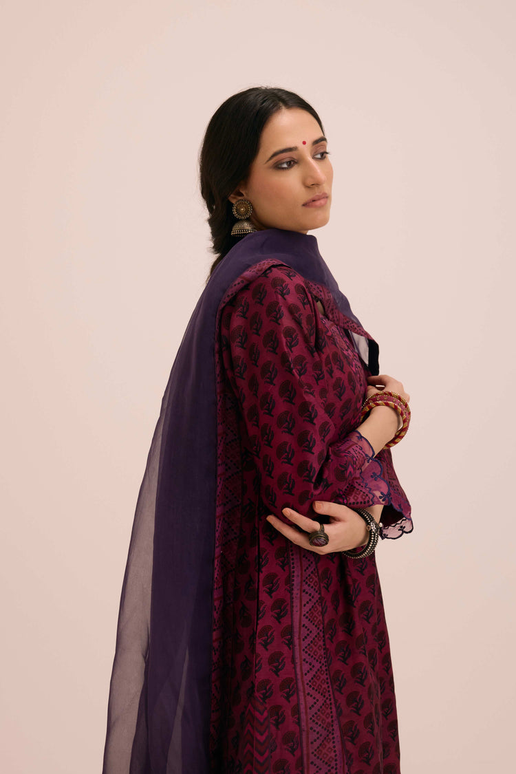 Adya Chanderi Vanaspati Hand Block Printed Kurta Booti Purple