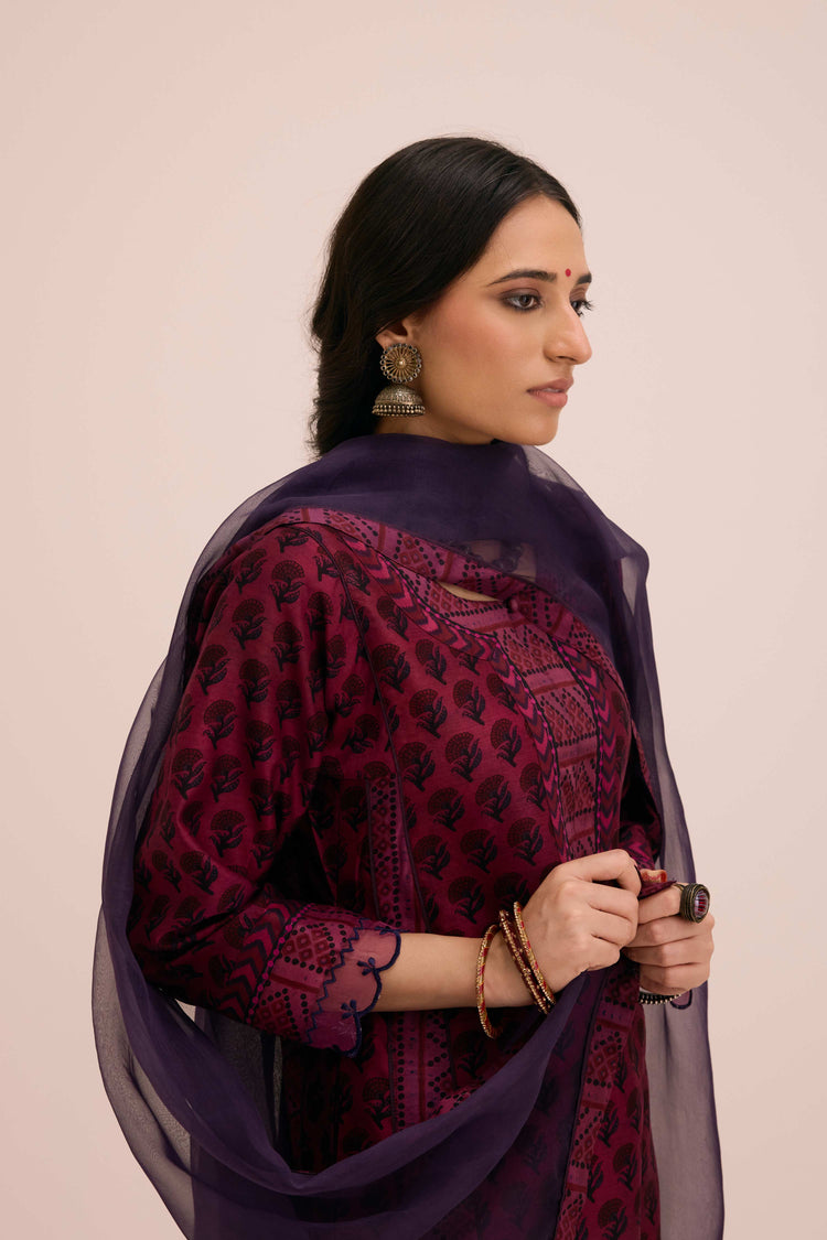 Adya Chanderi Vanaspati Hand Block Printed Kurta Booti Purple