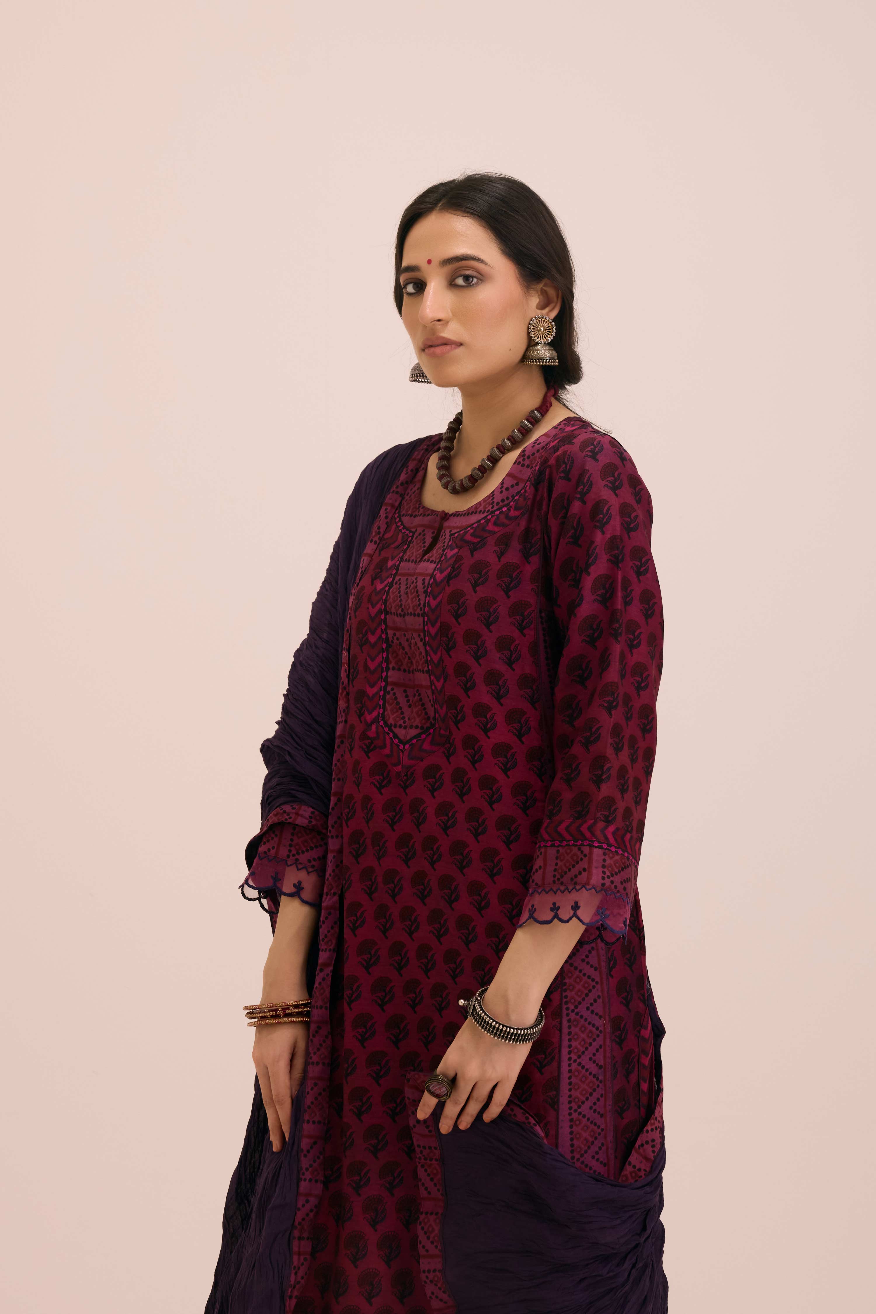 Adya Chanderi Vanaspati Hand Block Printed Kurta Booti Purple