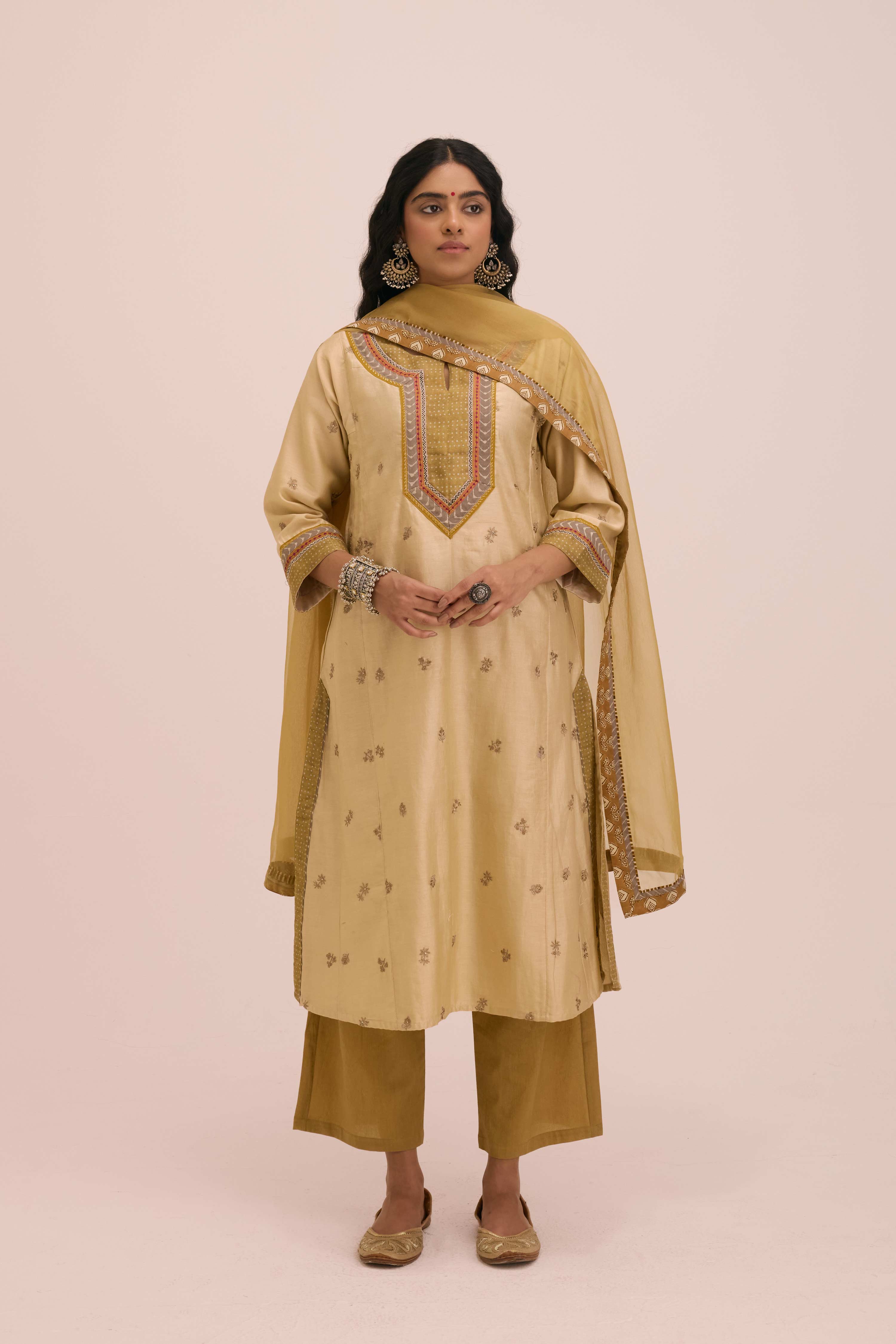 Aadya Embroidered Chanderi Ensemble Cream (Set of 3)