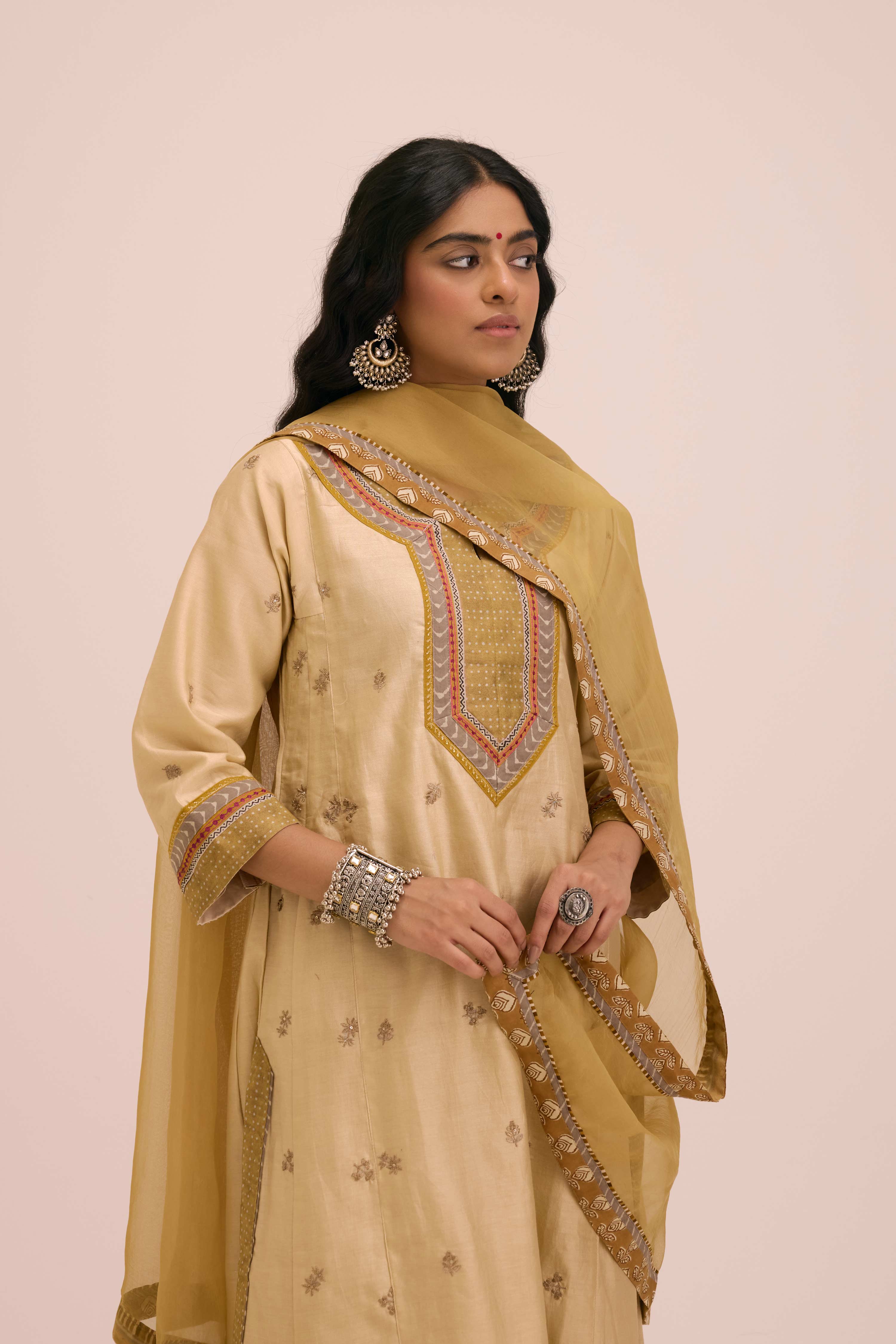 Aadya Embroidered Chanderi Ensemble Cream (Set of 3)