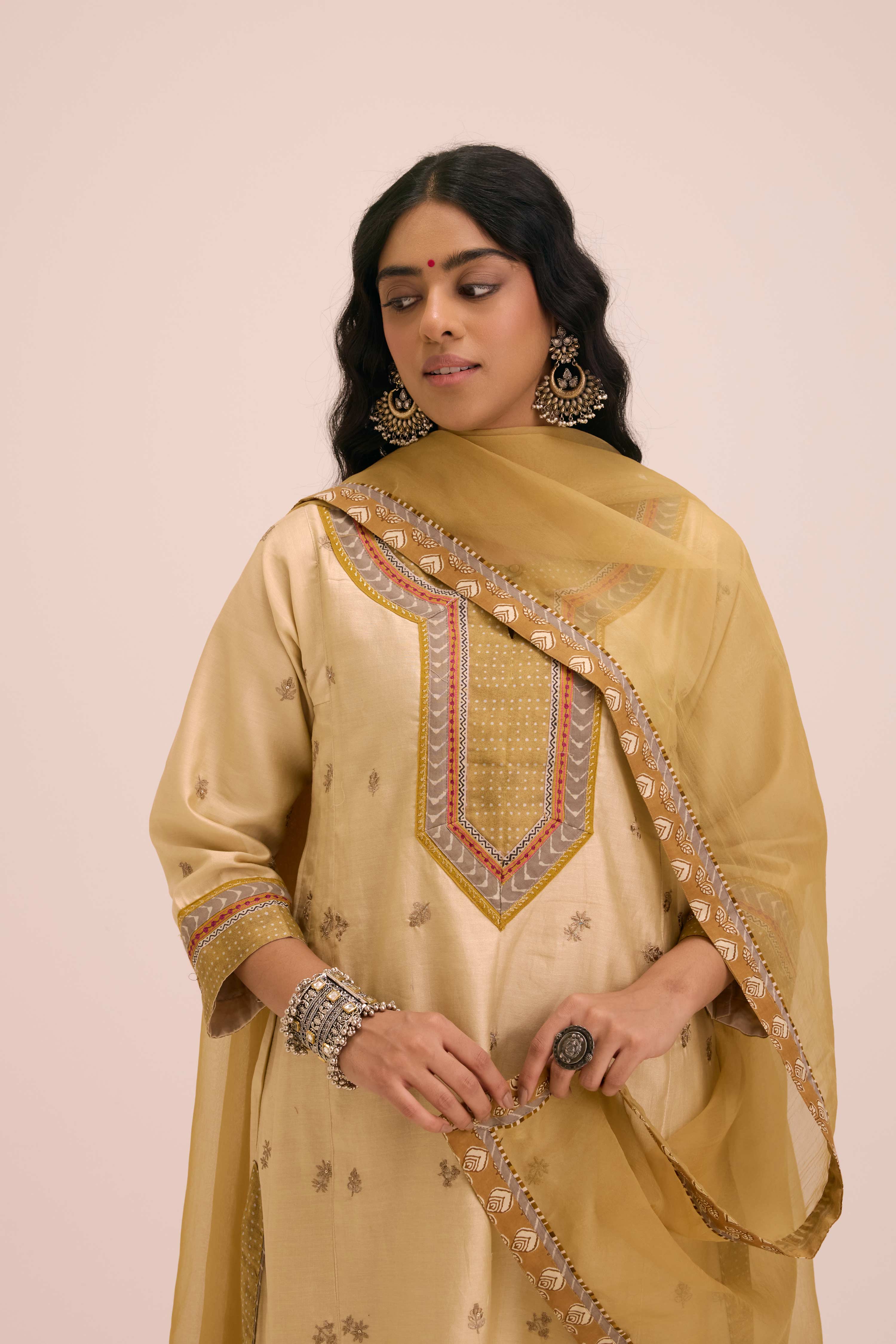 Aadya Embroidered Chanderi Ensemble Cream (Set of 3)