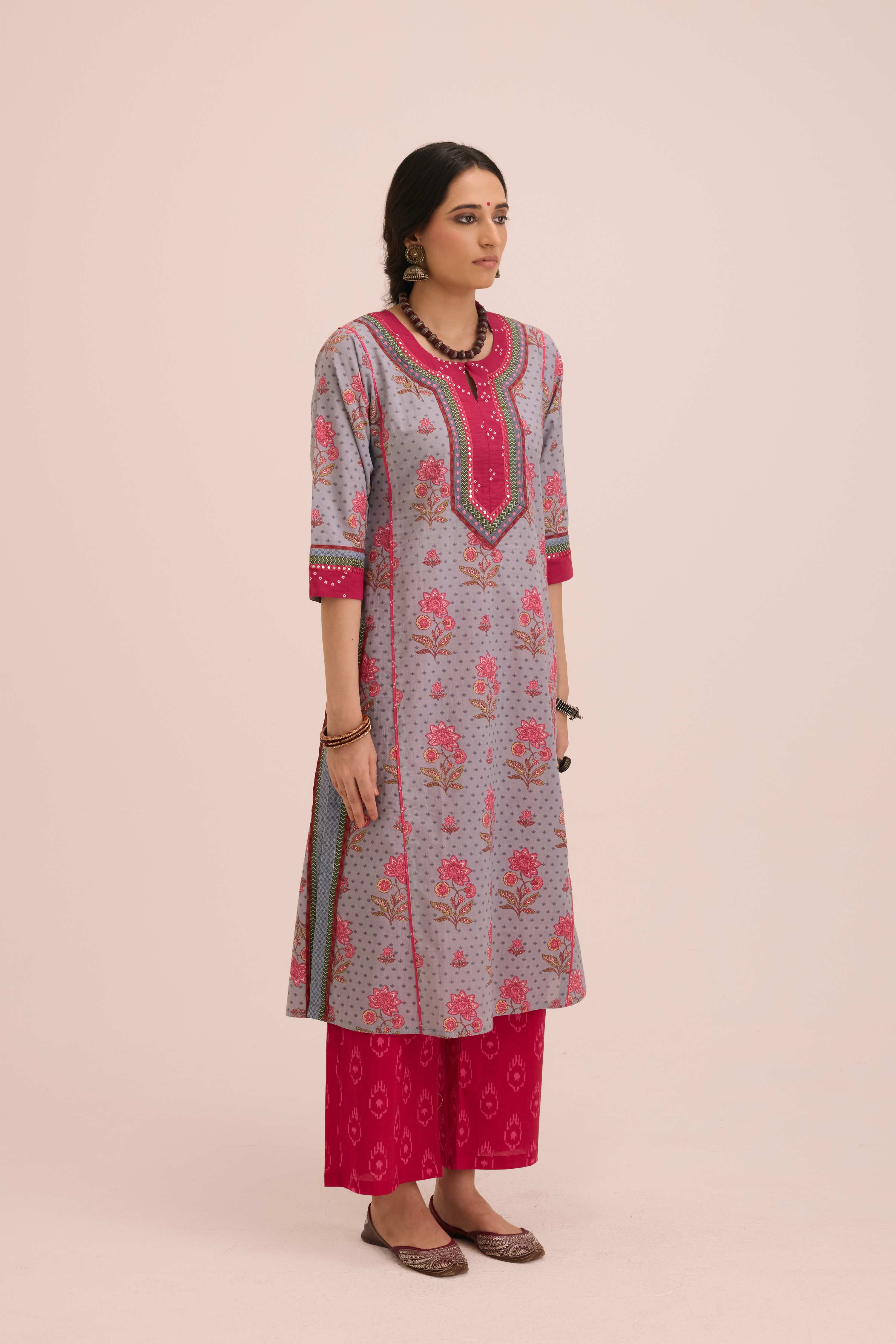 Rozana Cotton Printed Ensemble Grey Pink (Set of 3)