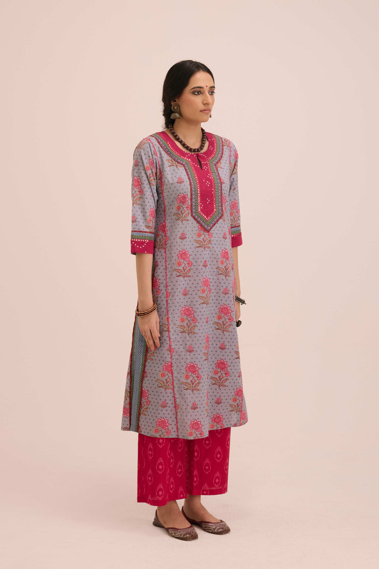 Rozana Cotton Printed Ensemble Grey Pink (Set of 3)
