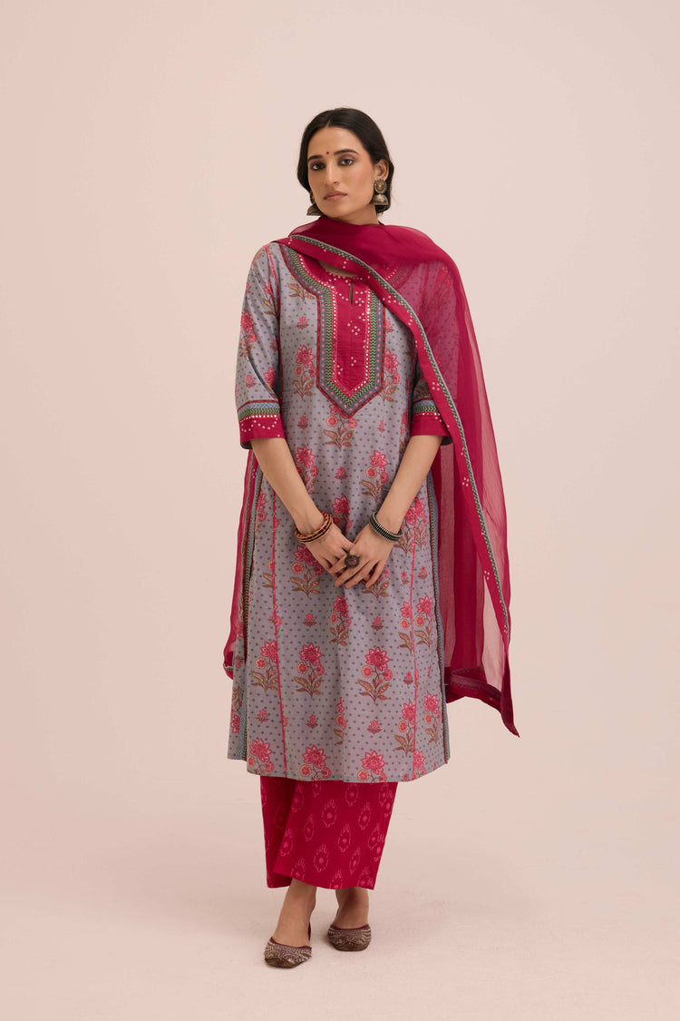 Rozana Cotton Printed Ensemble Grey Pink (Set of 3)