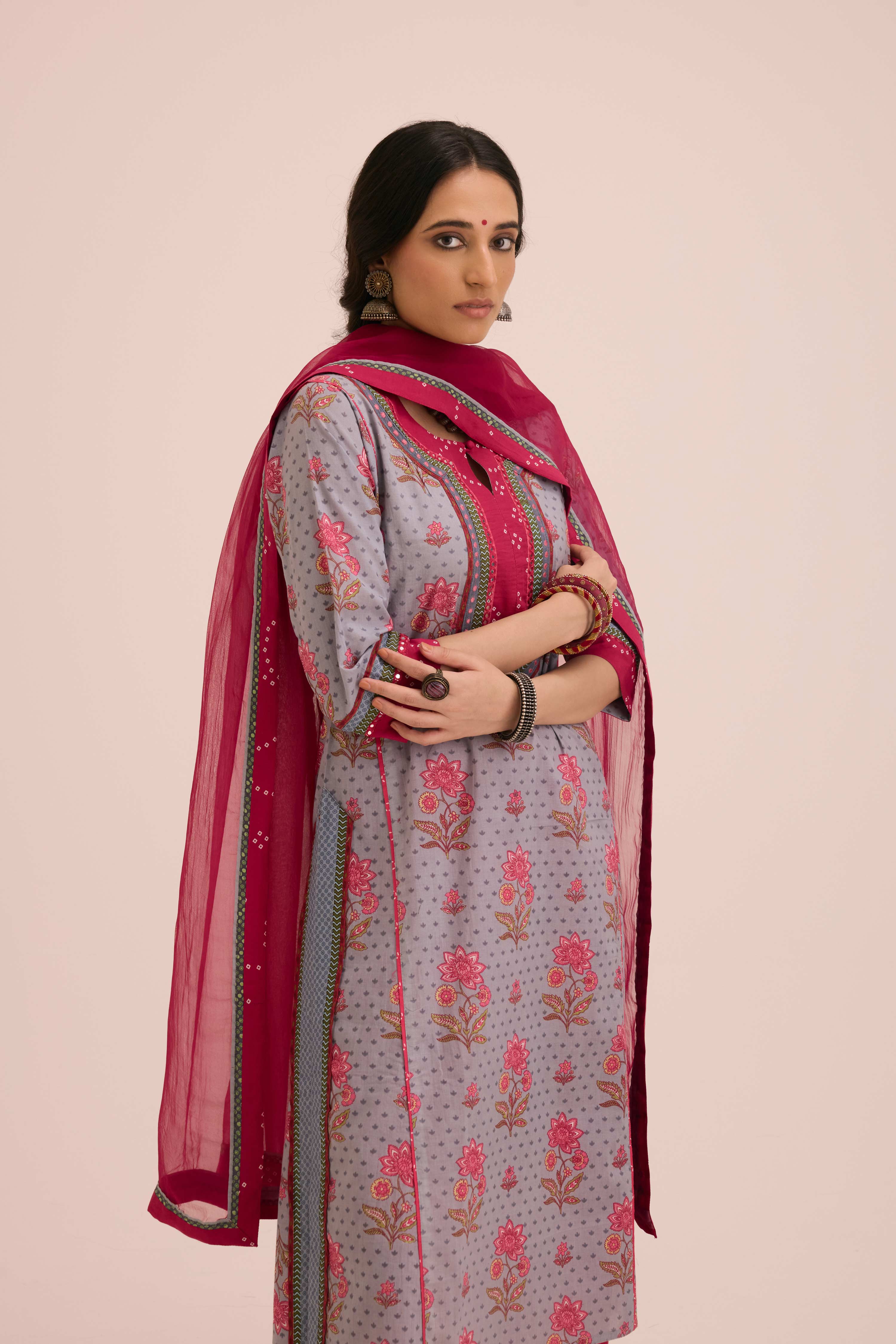 Rozana Cotton Printed Ensemble Grey Pink (Set of 3)