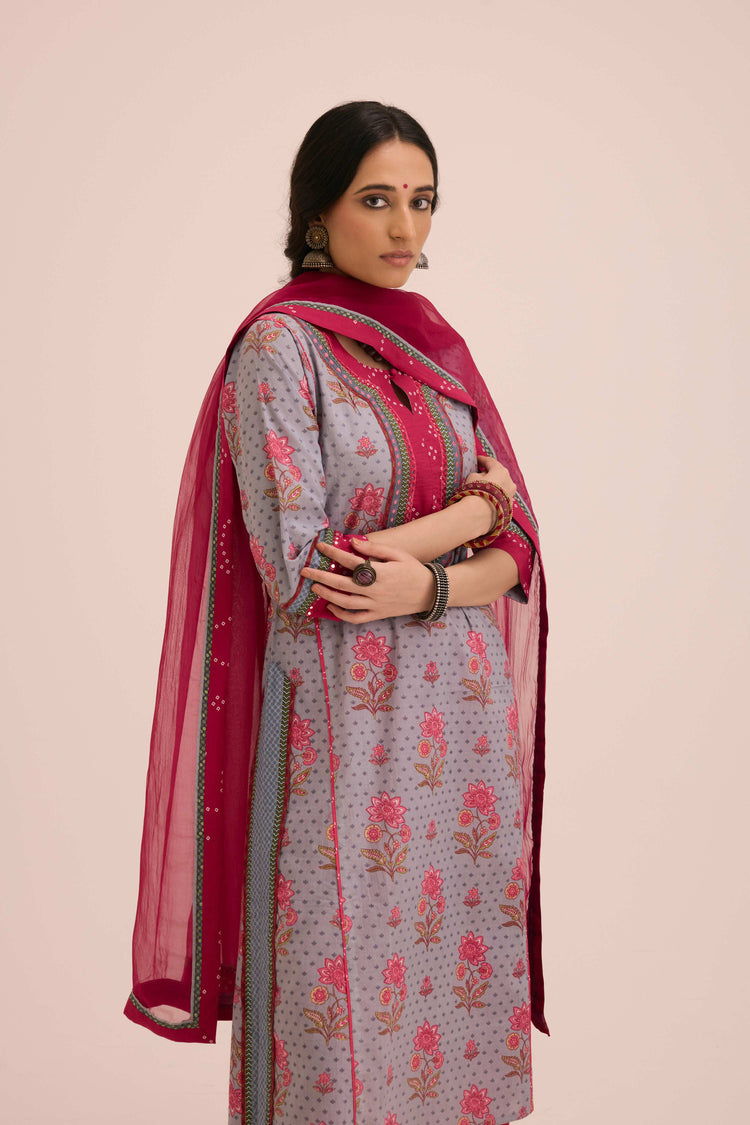 Rozana Cotton Printed Ensemble Grey Pink (Set of 3)