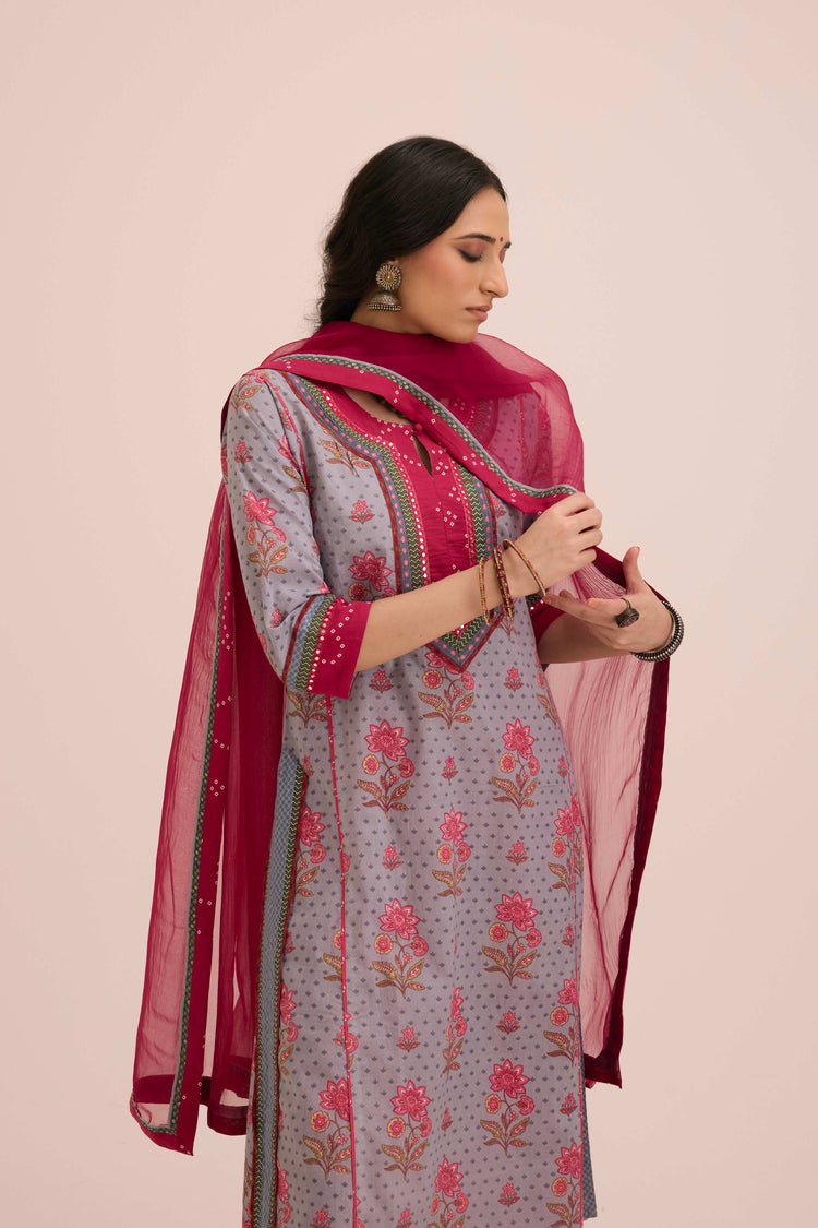 Rozana Cotton Printed Ensemble Grey Pink (Set of 3)