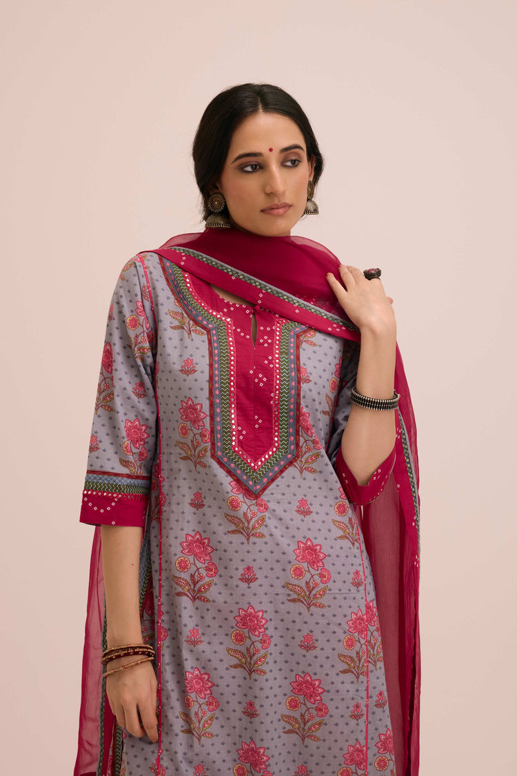 Rozana Cotton Printed Ensemble Grey Pink (Set of 3)