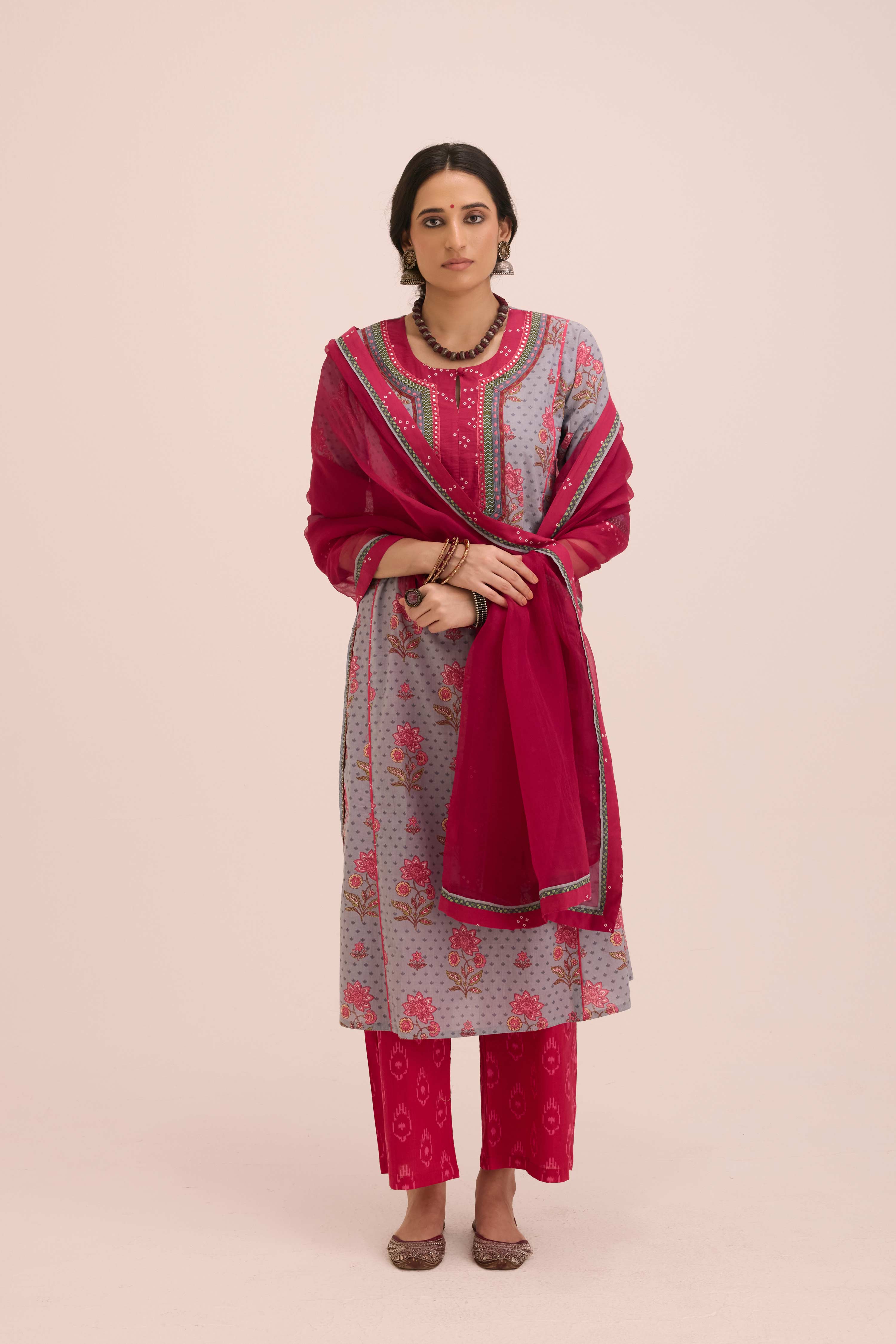 Rozana Cotton Printed Ensemble Grey Pink (Set of 3)