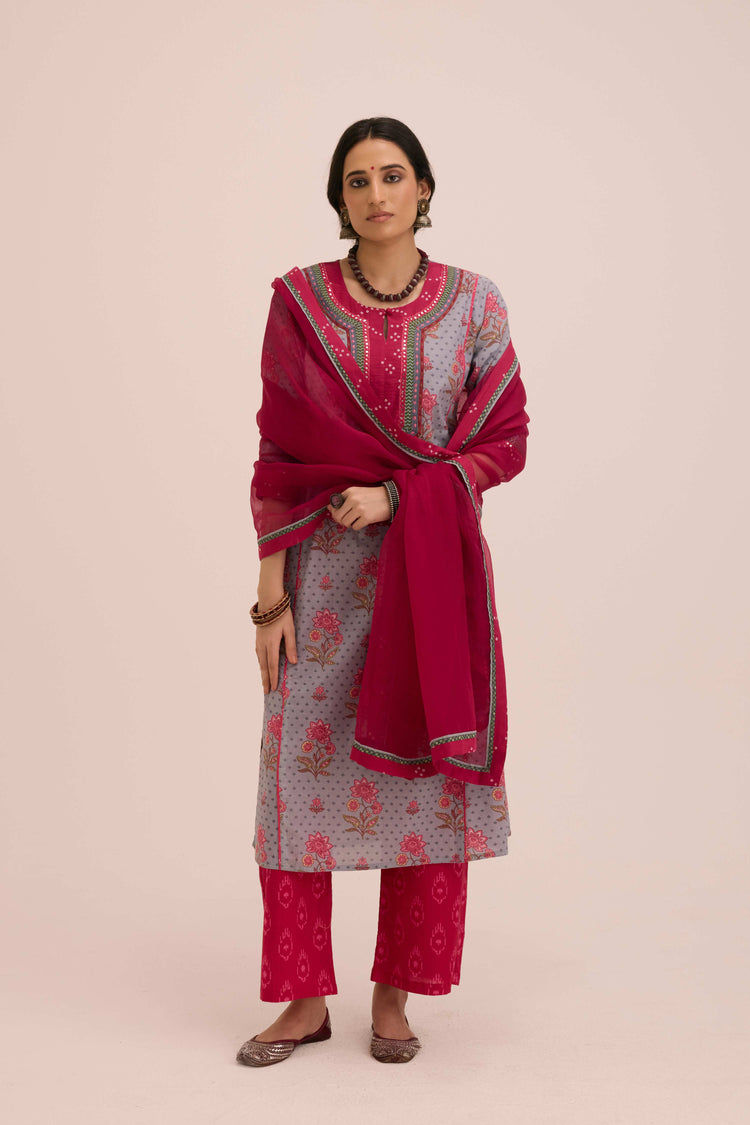 Rozana Cotton Printed Ensemble Grey Pink (Set of 3)