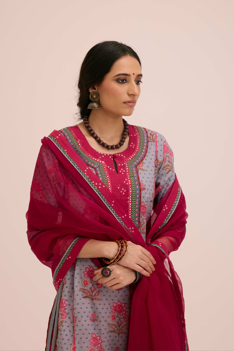 Rozana Cotton Printed Ensemble Grey Pink (Set of 3)